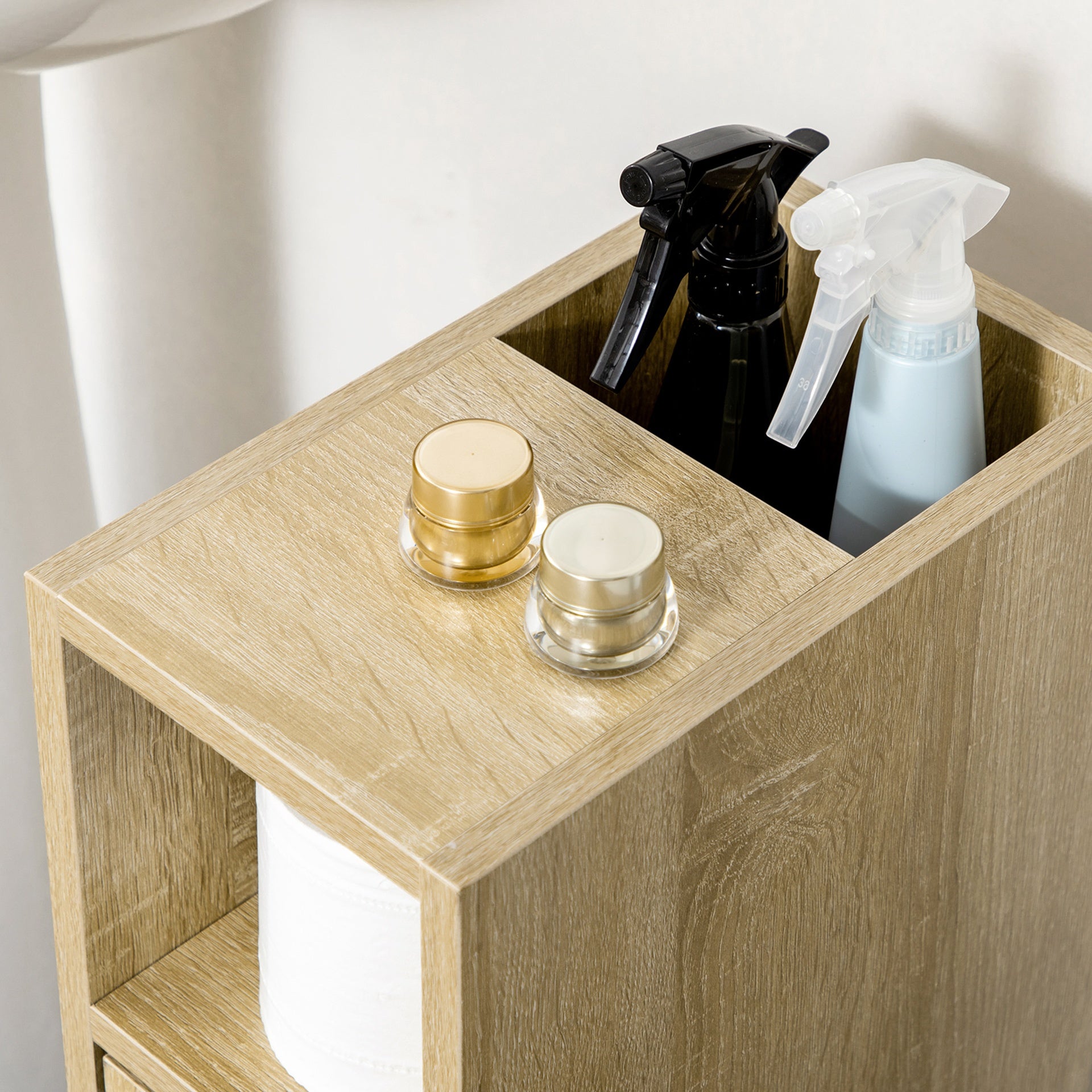 kleankin Freestanding Compact Design Bathroom Cabinet with 2 Open Cabinets, 1 Door Cabinet, 1 Drawer and 4 Rolling Wheels, Oak Grain Color