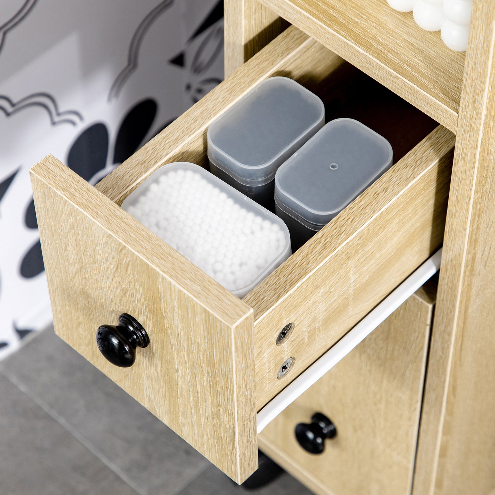kleankin Freestanding Compact Design Bathroom Cabinet with 2 Open Cabinets, 1 Door Cabinet, 1 Drawer and 4 Rolling Wheels, Oak Grain Color