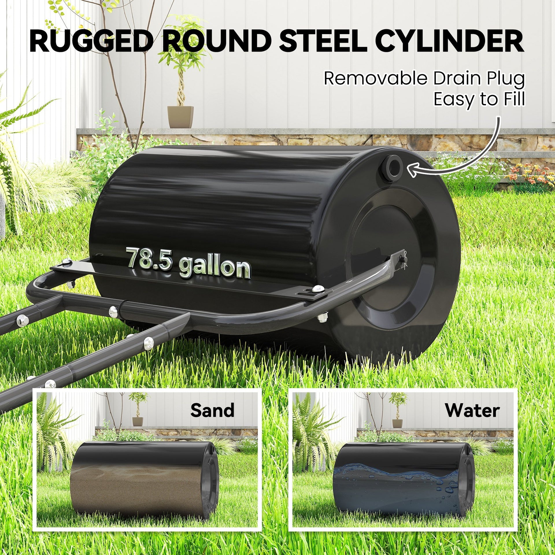 Outsunny 20-Inch Push/Tow Behind Lawn Roller Filled with 10 Gal Water or Sand for Flattening Sod in the Garden, Black