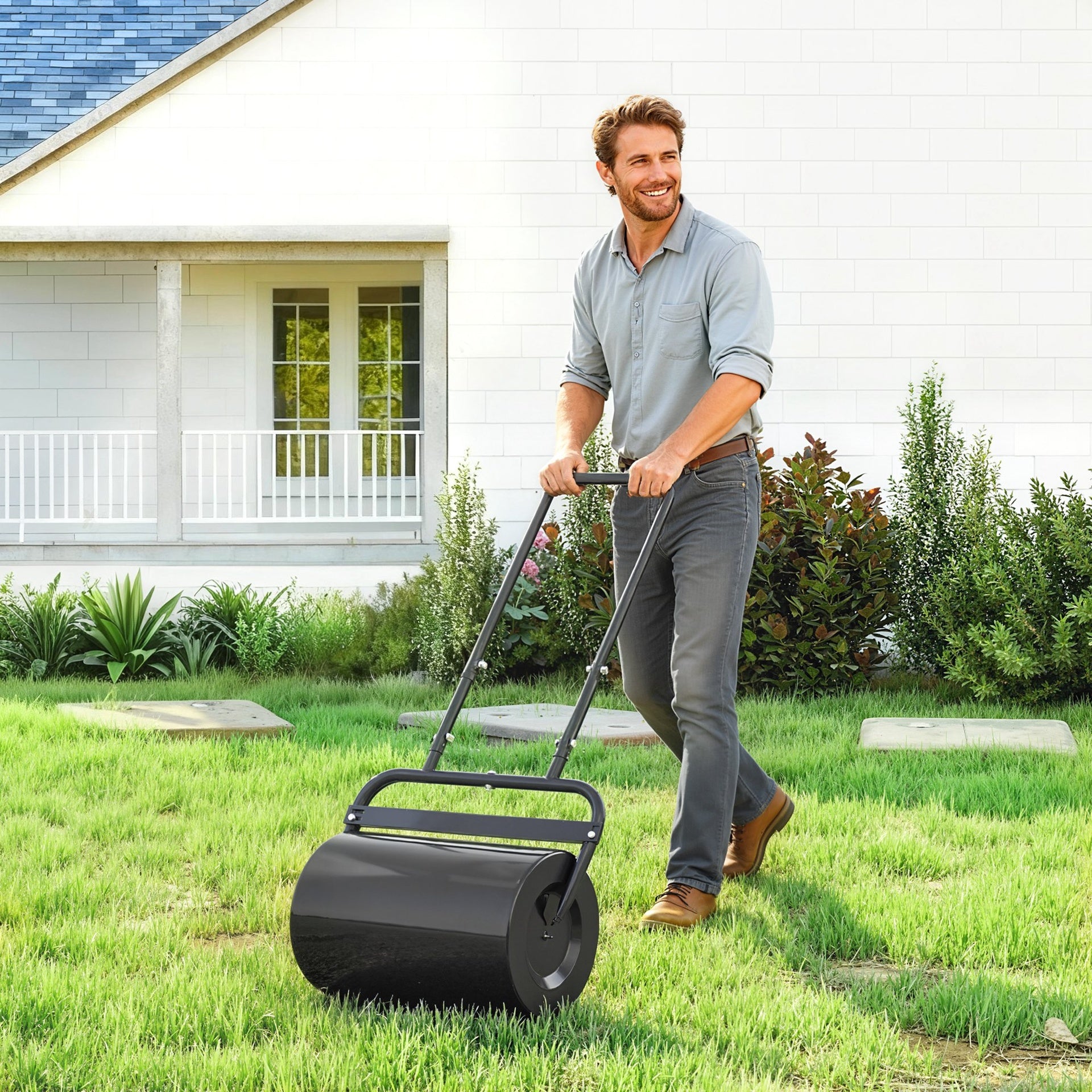 Outsunny 20-Inch Push/Tow Behind Lawn Roller Filled with 10 Gal Water or Sand for Flattening Sod in the Garden, Black