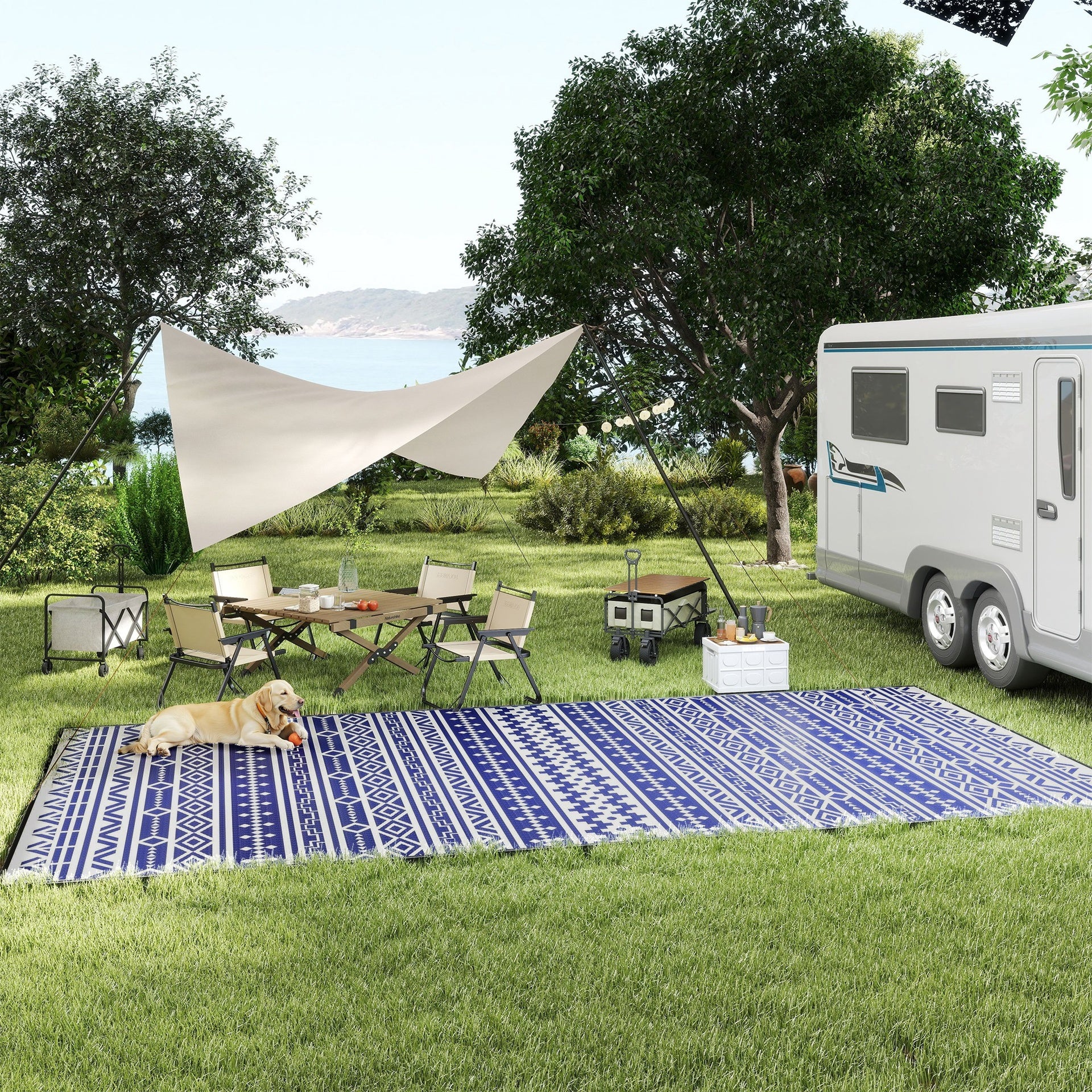 Outsunny Reversible Outdoor Rug, Waterproof Plastic Straw with Carry Bag, 9' x 18', Blue & White Geometric Wall