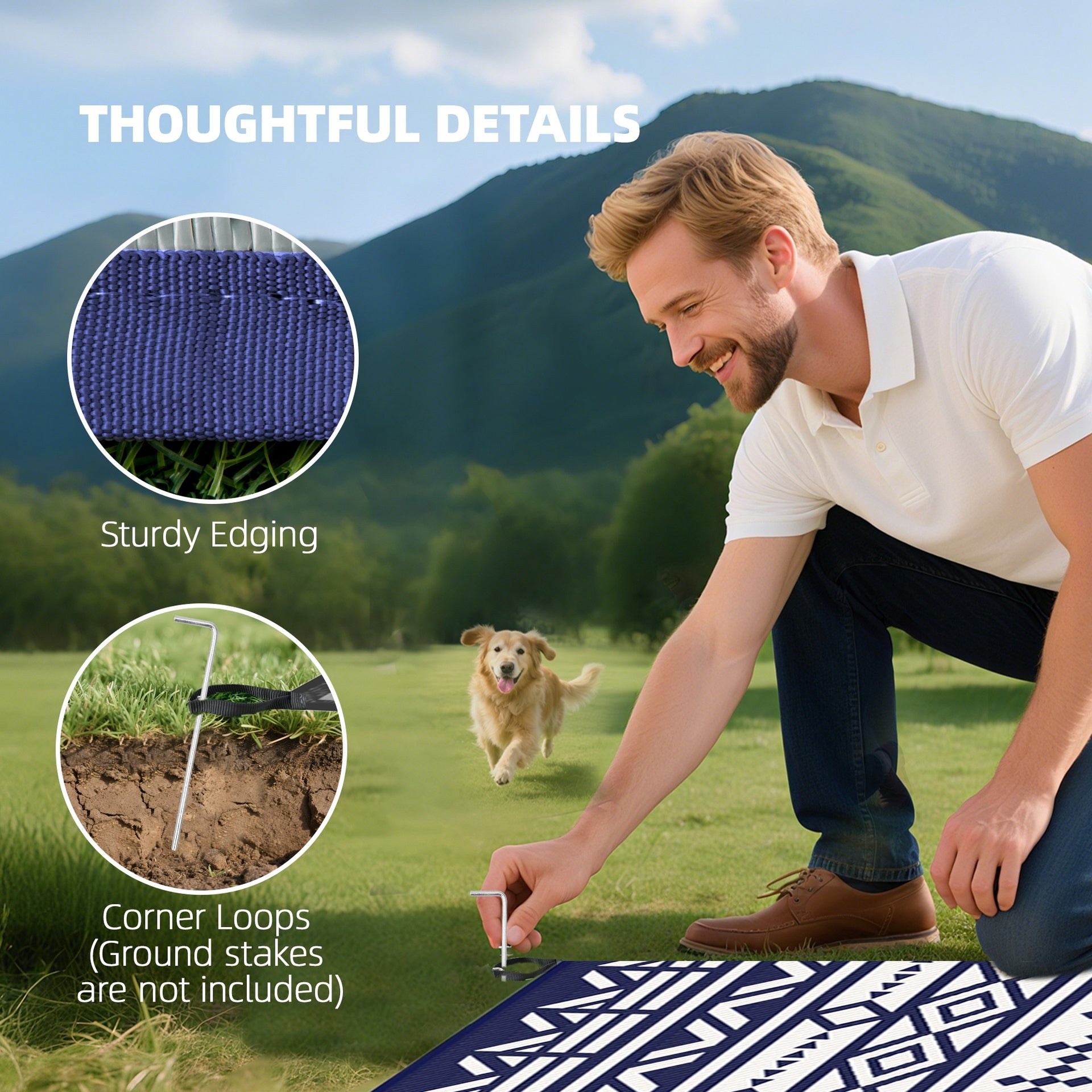 Outsunny Reversible Outdoor Rug, Waterproof Plastic Straw with Carry Bag, 9' x 18', Blue & White Geometric Wall