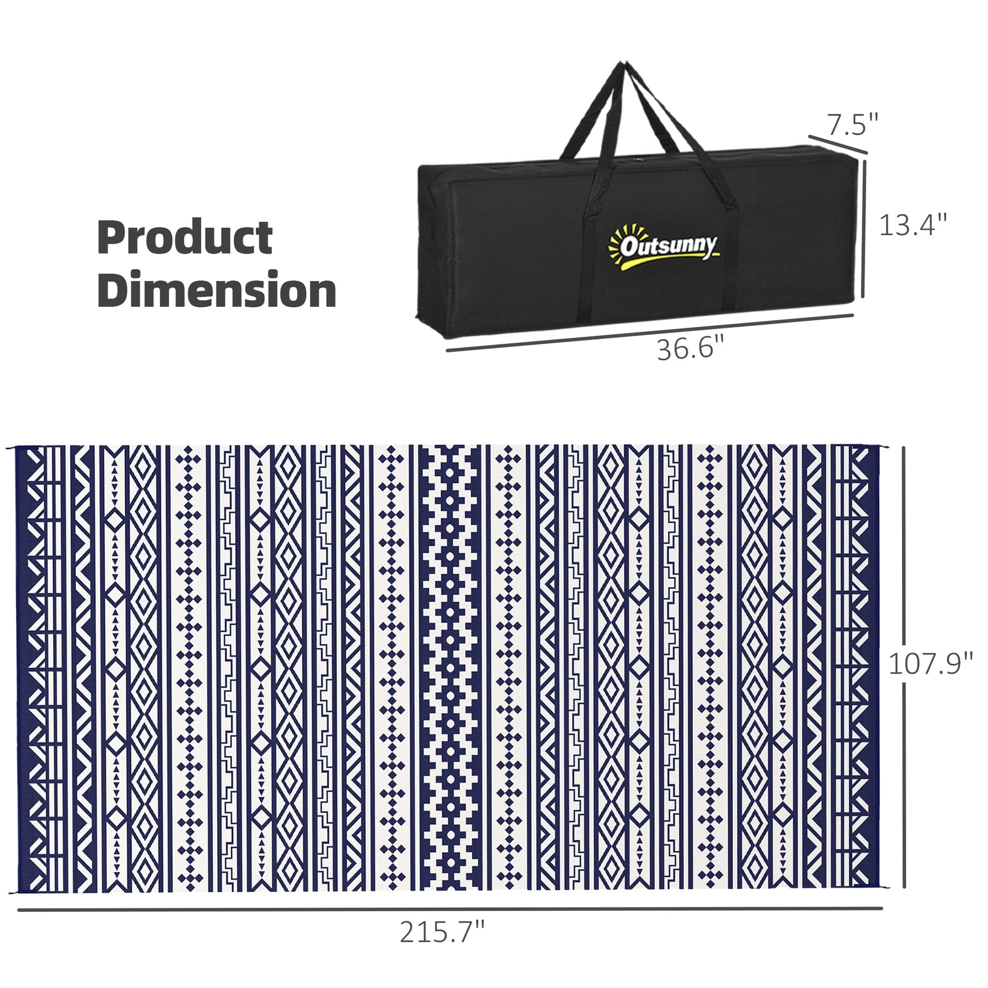 Outsunny Reversible Outdoor Rug, Waterproof Plastic Straw with Carry Bag, 9' x 18', Blue & White Geometric Wall