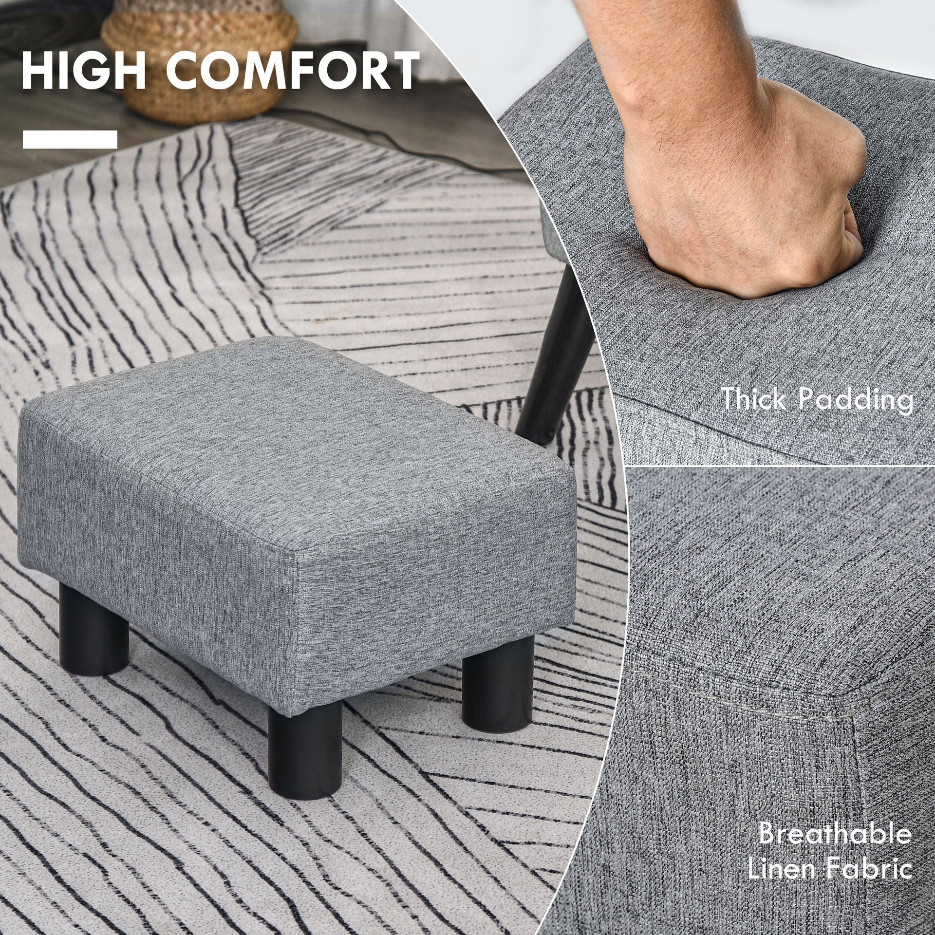 HOMCOM Ottoman Foot Rest, Small Foot Stool with Linen Fabric Upholstery and Plastic Legs, Cube Ottoman for Living Room, Gray
