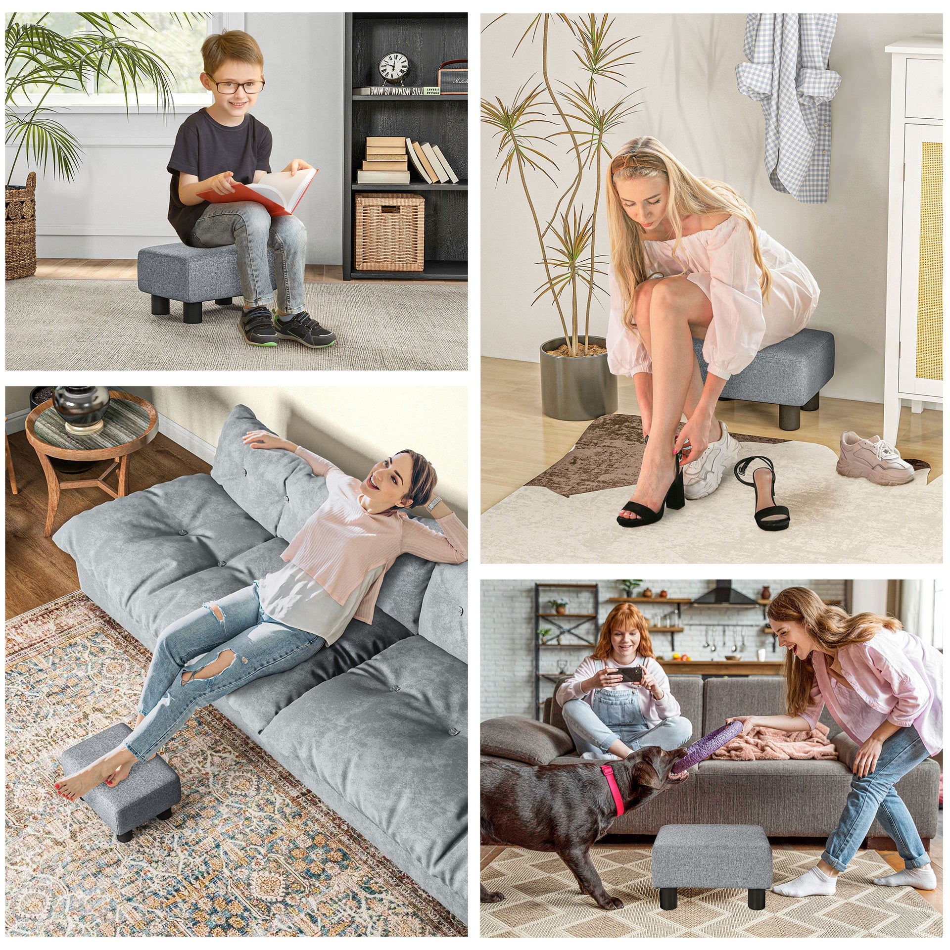 HOMCOM Ottoman Foot Rest, Small Foot Stool with Linen Fabric Upholstery and Plastic Legs, Cube Ottoman for Living Room, Gray