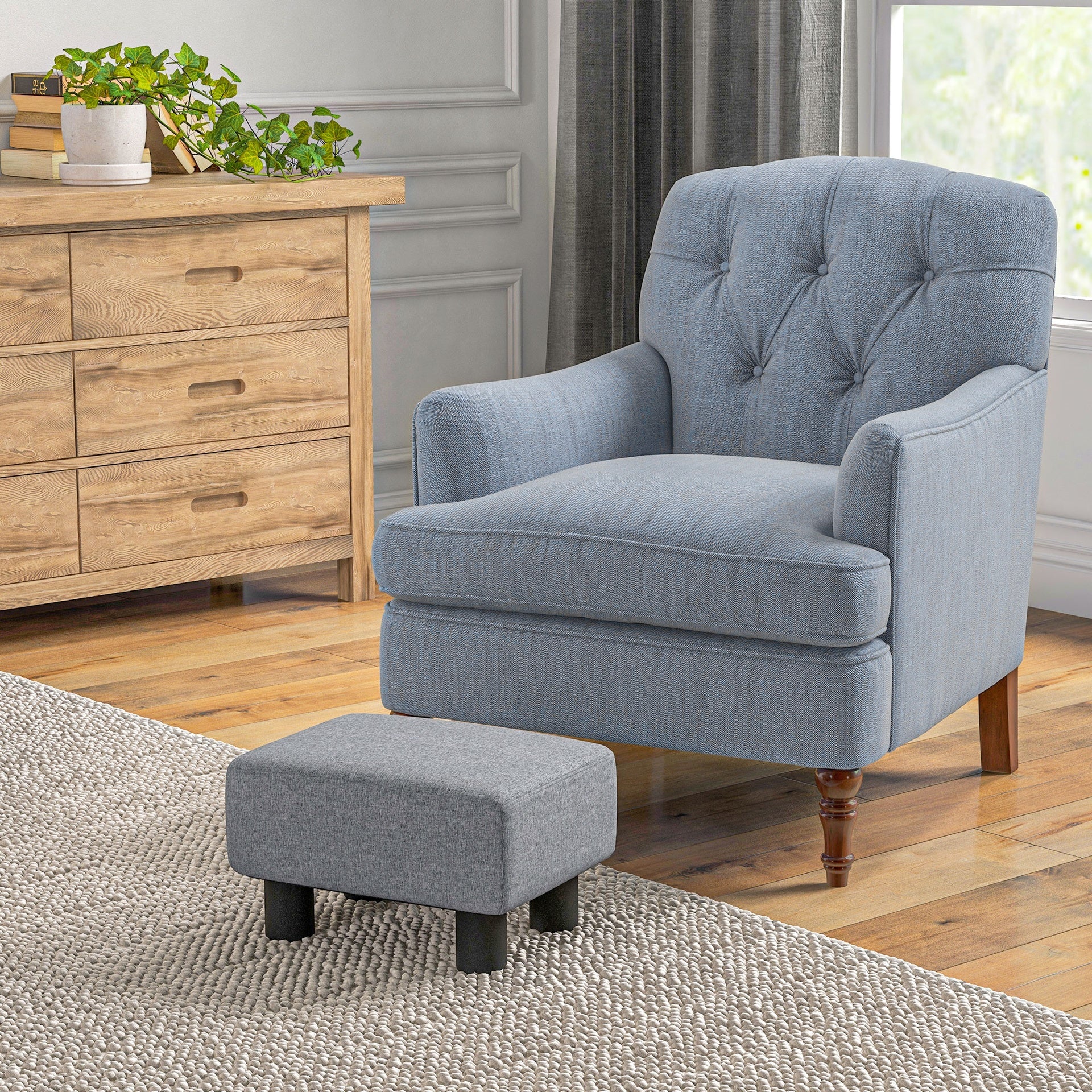 HOMCOM Ottoman Foot Rest, Small Foot Stool with Linen Fabric Upholstery and Plastic Legs, Cube Ottoman for Living Room, Gray