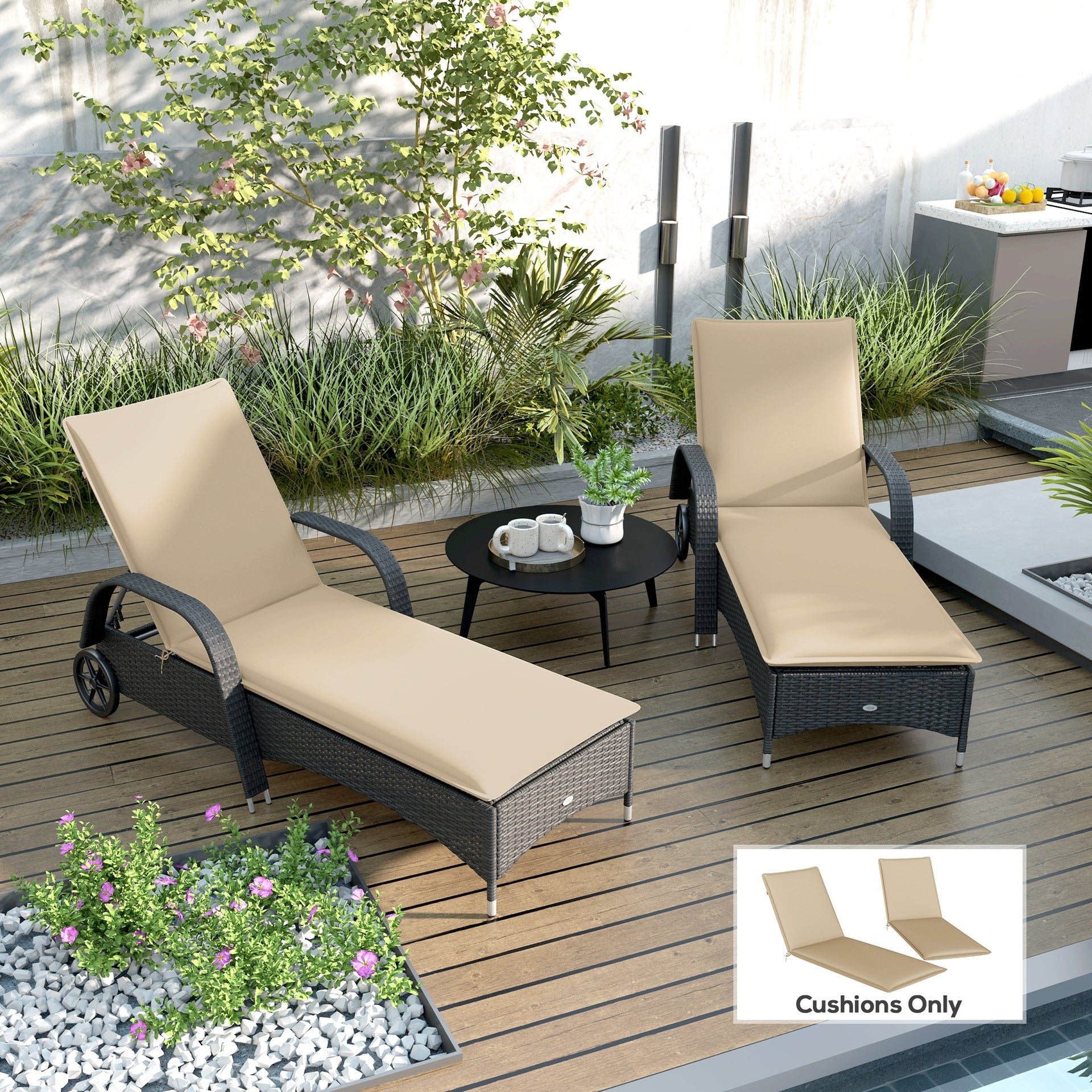 Outsunny Foldable Chaise Lounge Cushion Set of 2, Outdoor Lounge Chair Cushion Set, UPF50+ 200gsm Fabric, 76" x 23", Beige