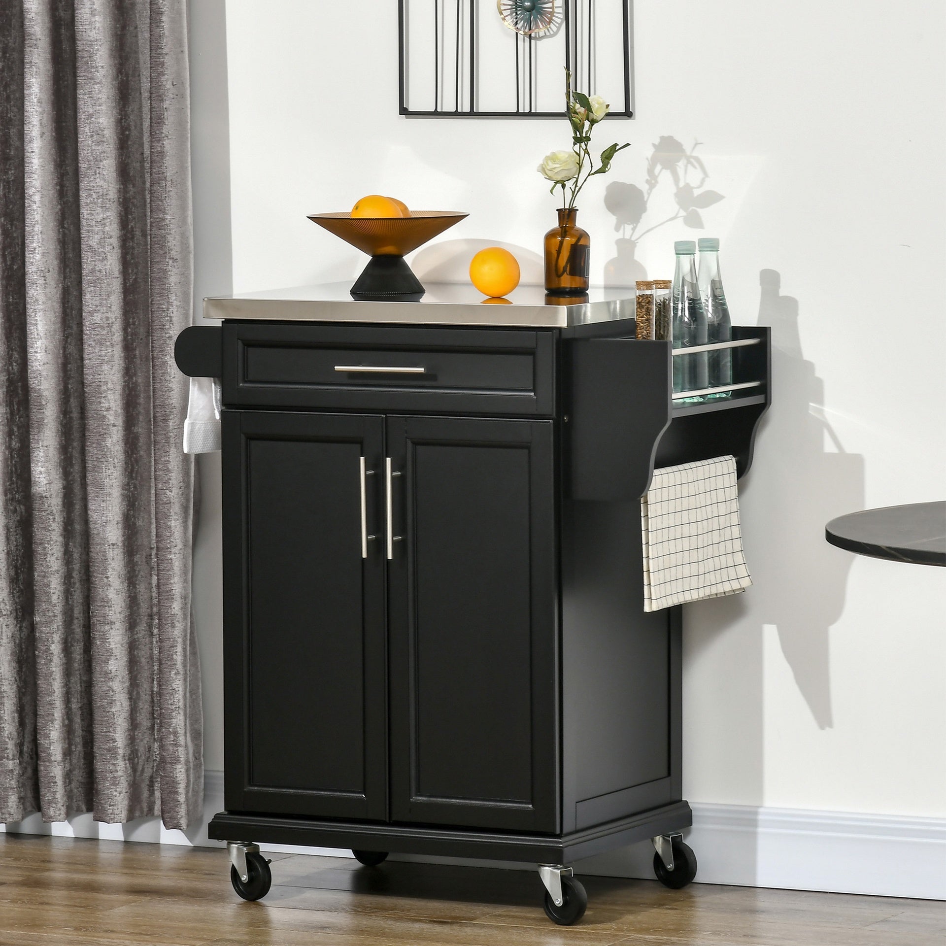 HOMCOM Kitchen Island on Wheels, Rolling Kitchen Cart with Stainless Steel Countertop, Drawer, Towel Rack and Spice Rack, Utility Storage Trolley, Black