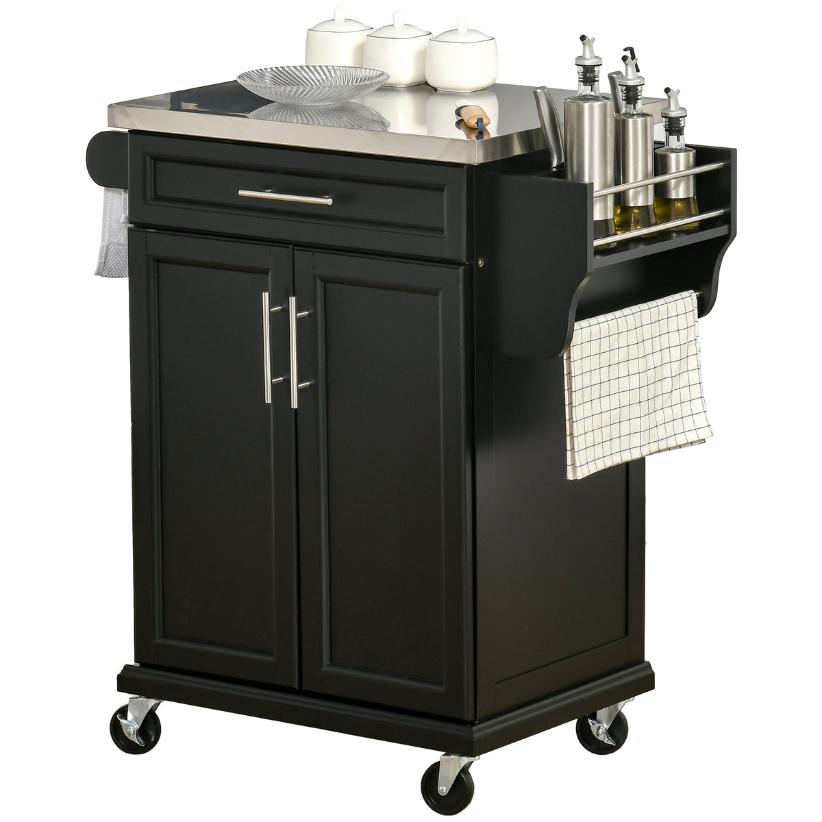 HOMCOM Kitchen Island on Wheels, Rolling Kitchen Cart with Stainless Steel Countertop, Drawer, Towel Rack and Spice Rack, Utility Storage Trolley, Black