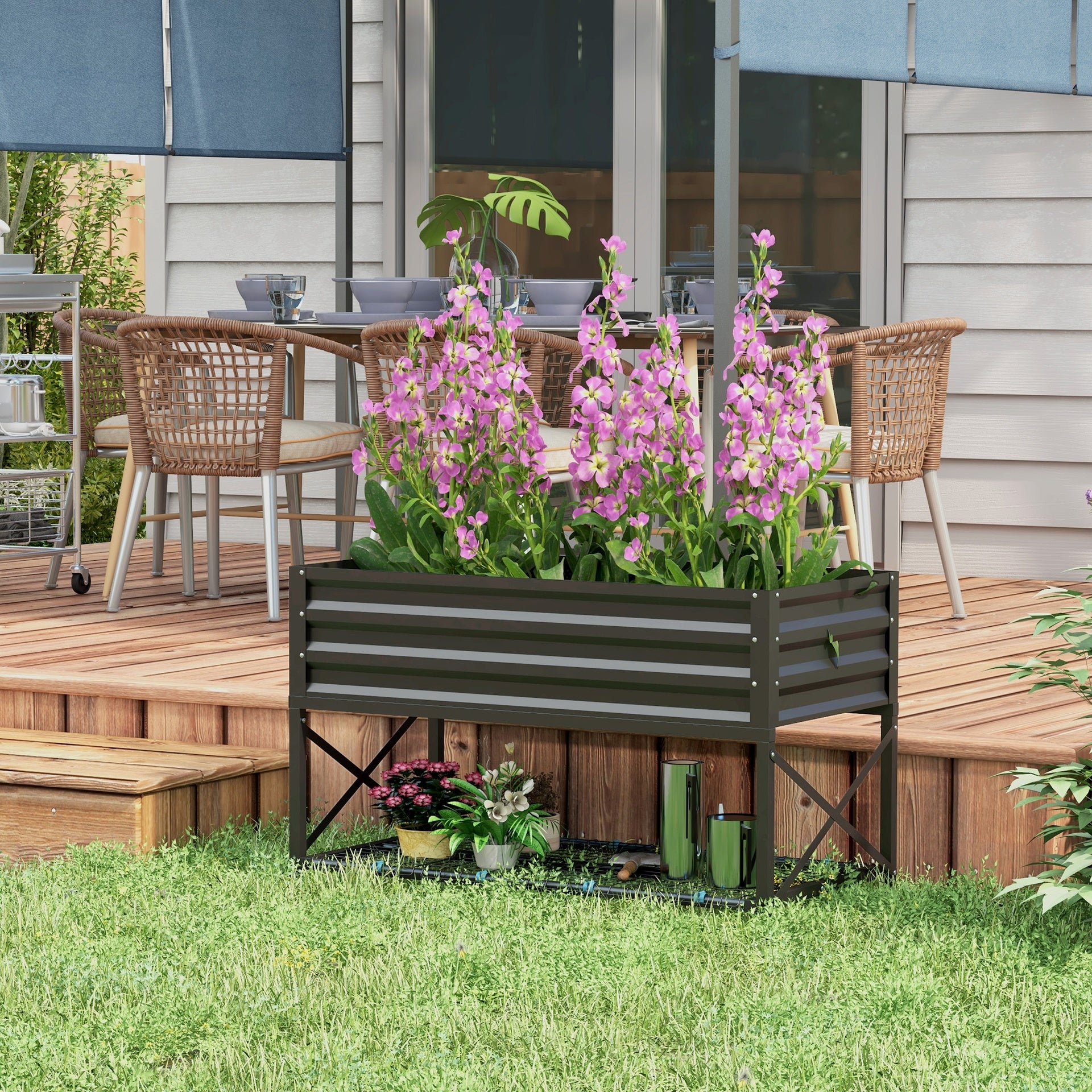 Outsunny Galvanized Raised Garden Bed, Metal Planter Box with Legs, Storage Shelf and Bed Liner, Black