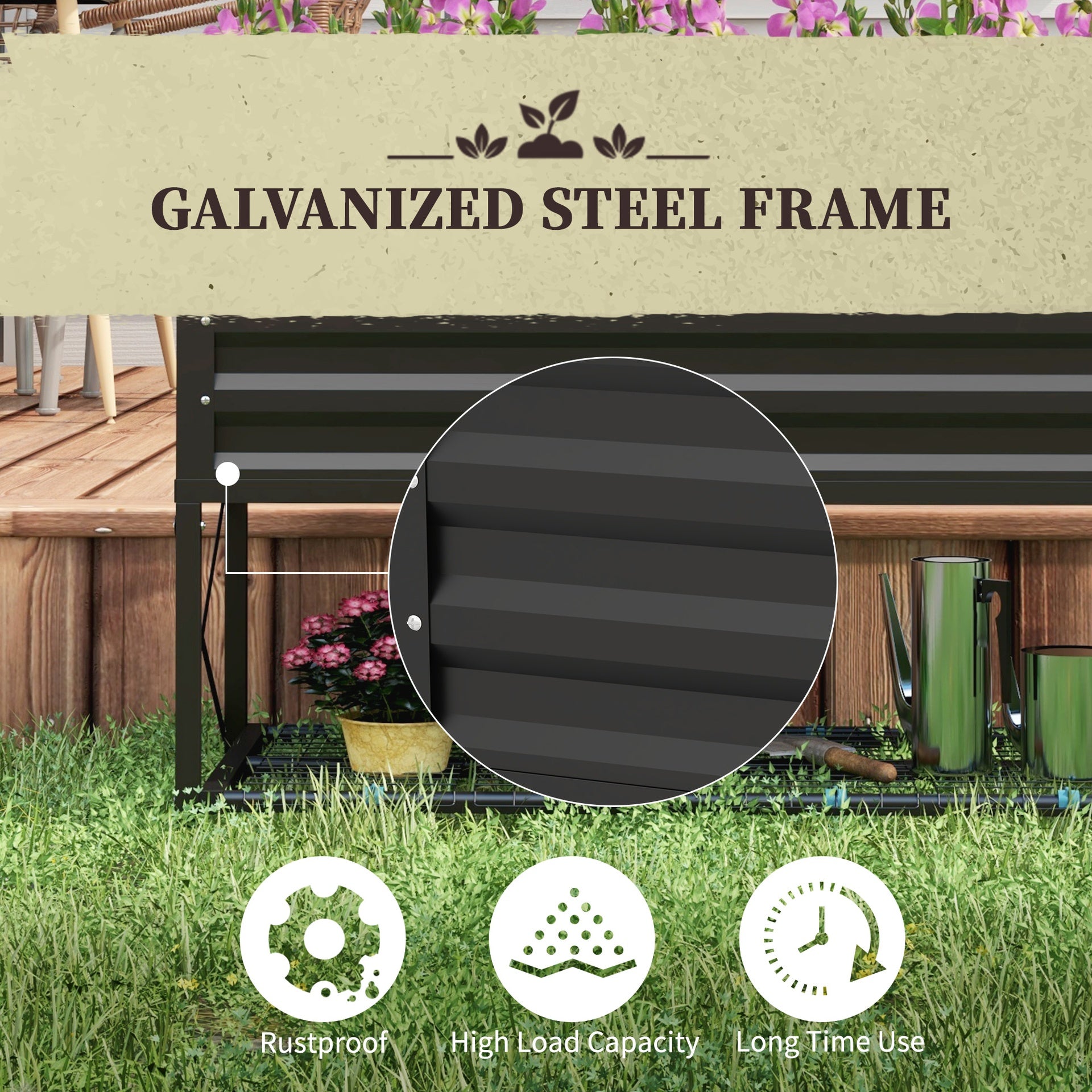 Outsunny Galvanized Raised Garden Bed, Metal Planter Box with Legs, Storage Shelf and Bed Liner, Black