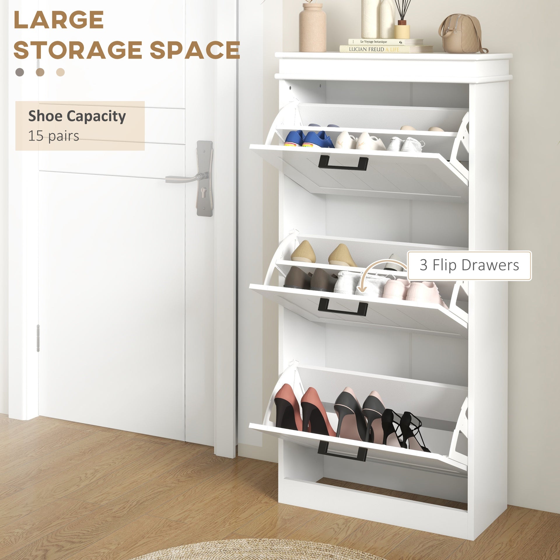 HOMCOM Modern Shoe Storage Cabinet with 3 Flip Drawers for 15 Pairs, Narrow Shoe Organizer for Entryway, Hallway, White