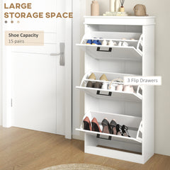 HOMCOM Modern Shoe Storage Cabinet with 3 Flip Drawers for 15 Pairs, Narrow Shoe Organizer for Entryway, Hallway, White