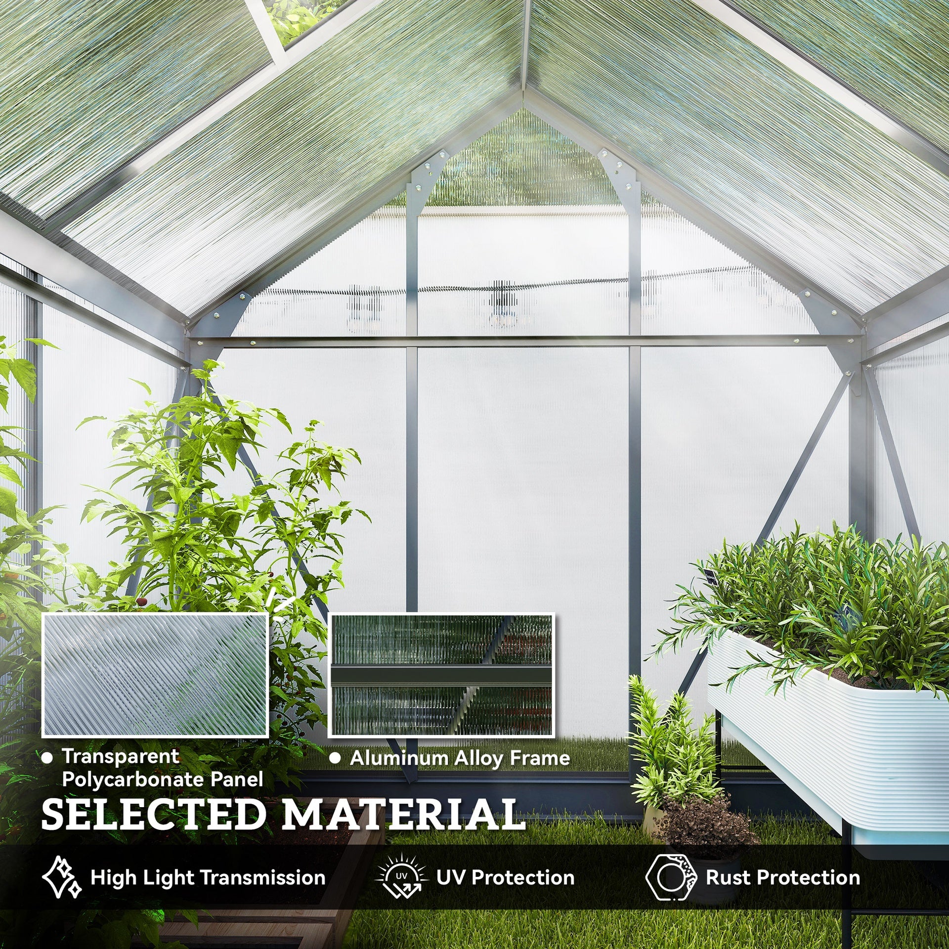Outsunny Polycarbonate Greenhouse, Heavy Duty Outdoor Aluminum Walk-in Green House Kit Vent Door, 6.2'x4.3'x6.6' Gray