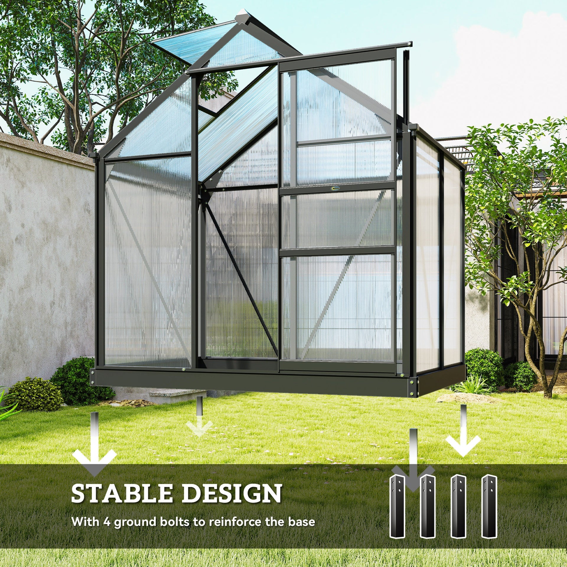 Outsunny Polycarbonate Greenhouse, Heavy Duty Outdoor Aluminum Walk-in Green House Kit Vent Door, 6.2'x4.3'x6.6' Gray