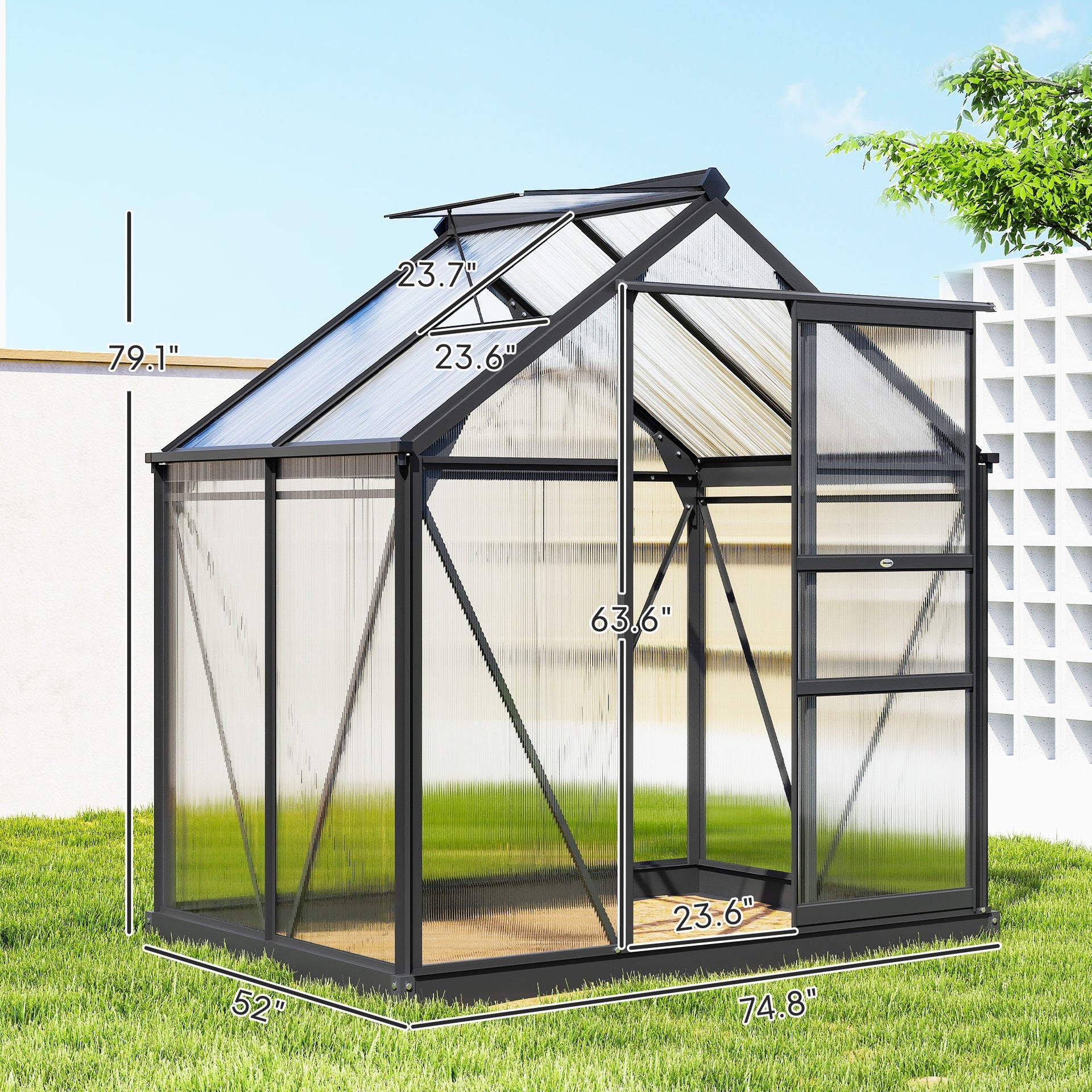 Outsunny Polycarbonate Greenhouse, Heavy Duty Outdoor Aluminum Walk-in Green House Kit Vent Door, 6.2'x4.3'x6.6' Gray
