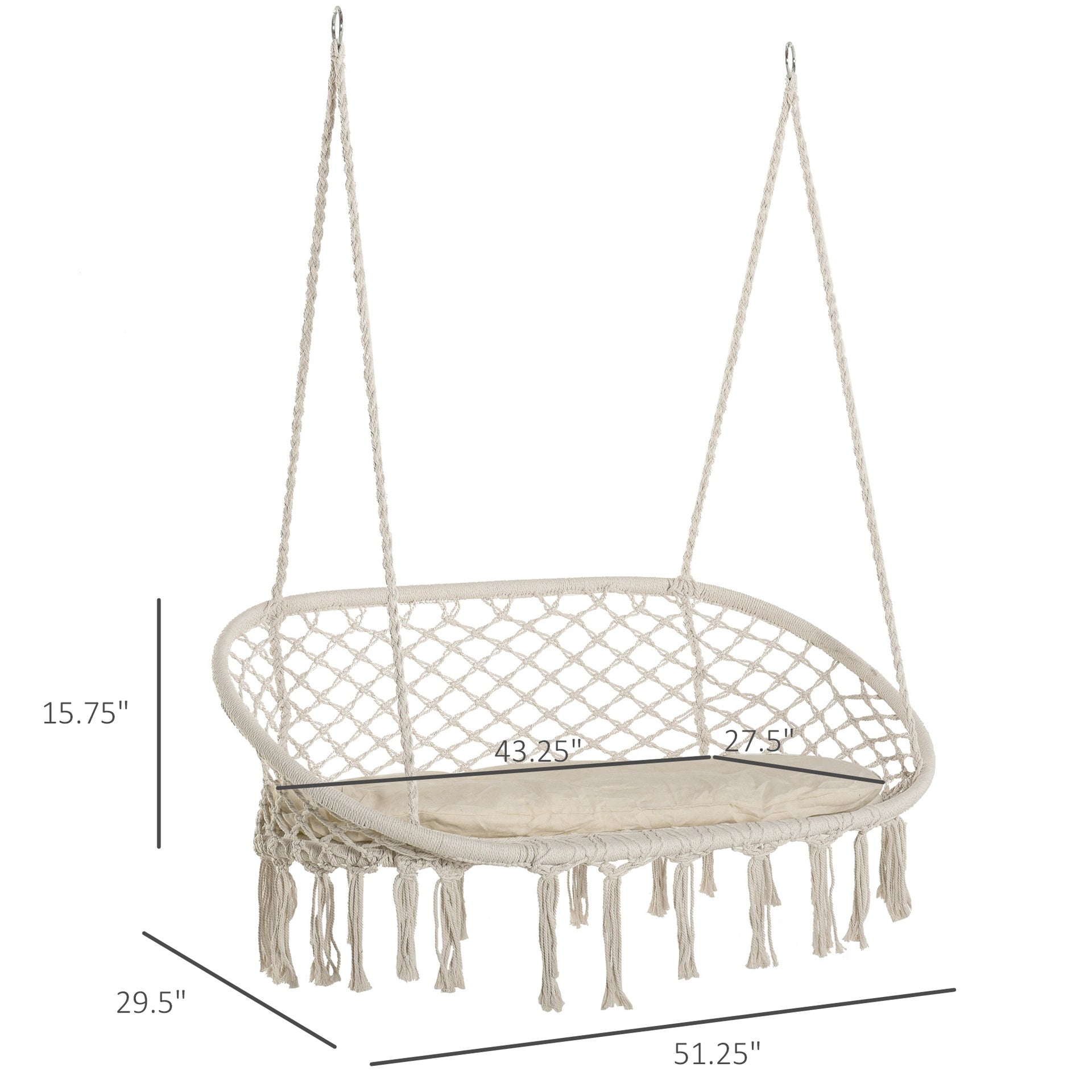 Outsunny 2-Person Hammock Chair Macrame Swing with Soft Cushion, Hanging Cotton Rope Chair for Indoor Outdoor Home Patio Backyard, White