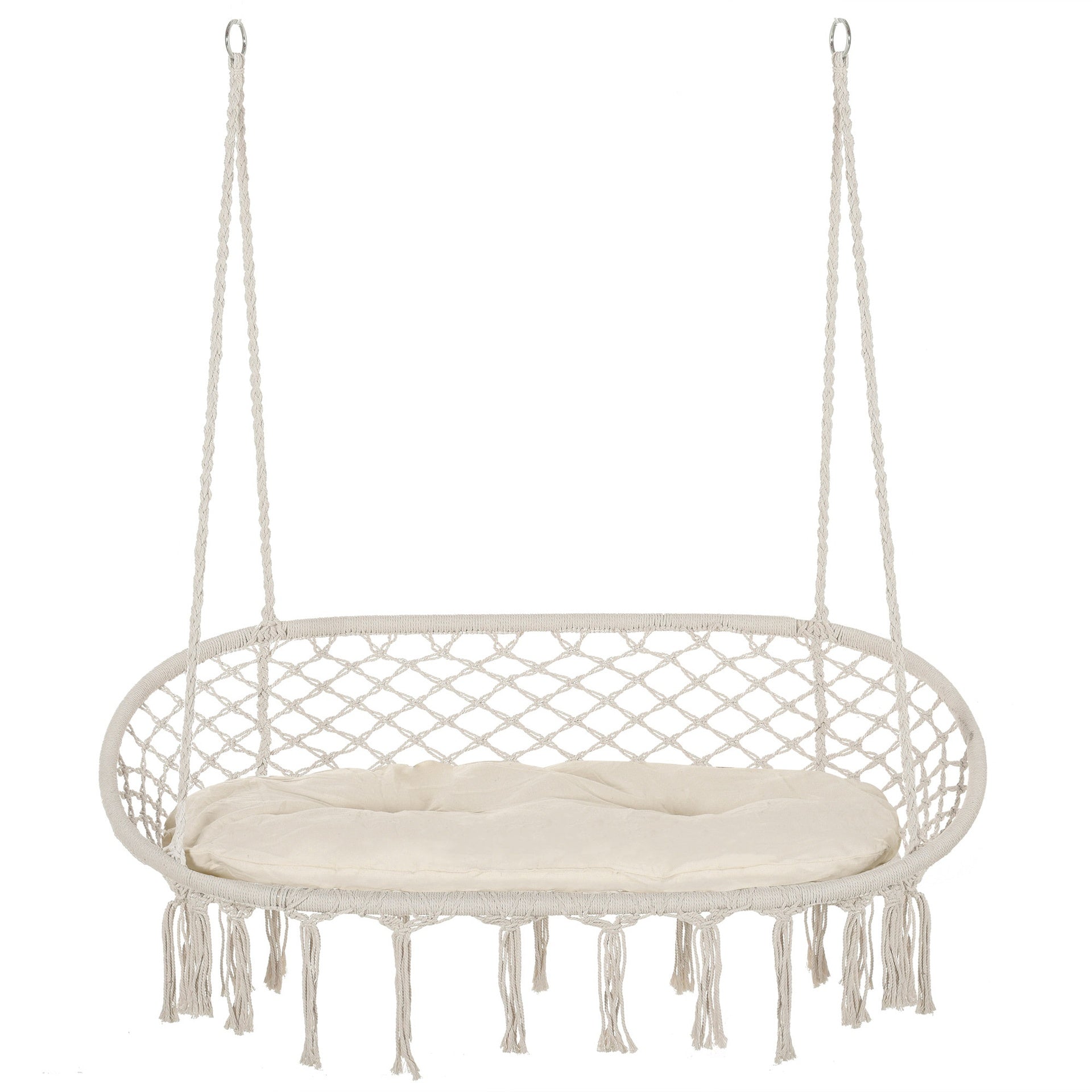 Outsunny 2-Person Hammock Chair Macrame Swing with Soft Cushion, Hanging Cotton Rope Chair for Indoor Outdoor Home Patio Backyard, White