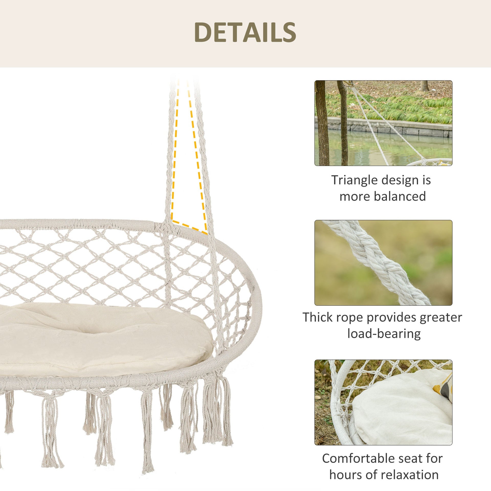 Outsunny 2-Person Hammock Chair Macrame Swing with Soft Cushion, Hanging Cotton Rope Chair for Indoor Outdoor Home Patio Backyard, White