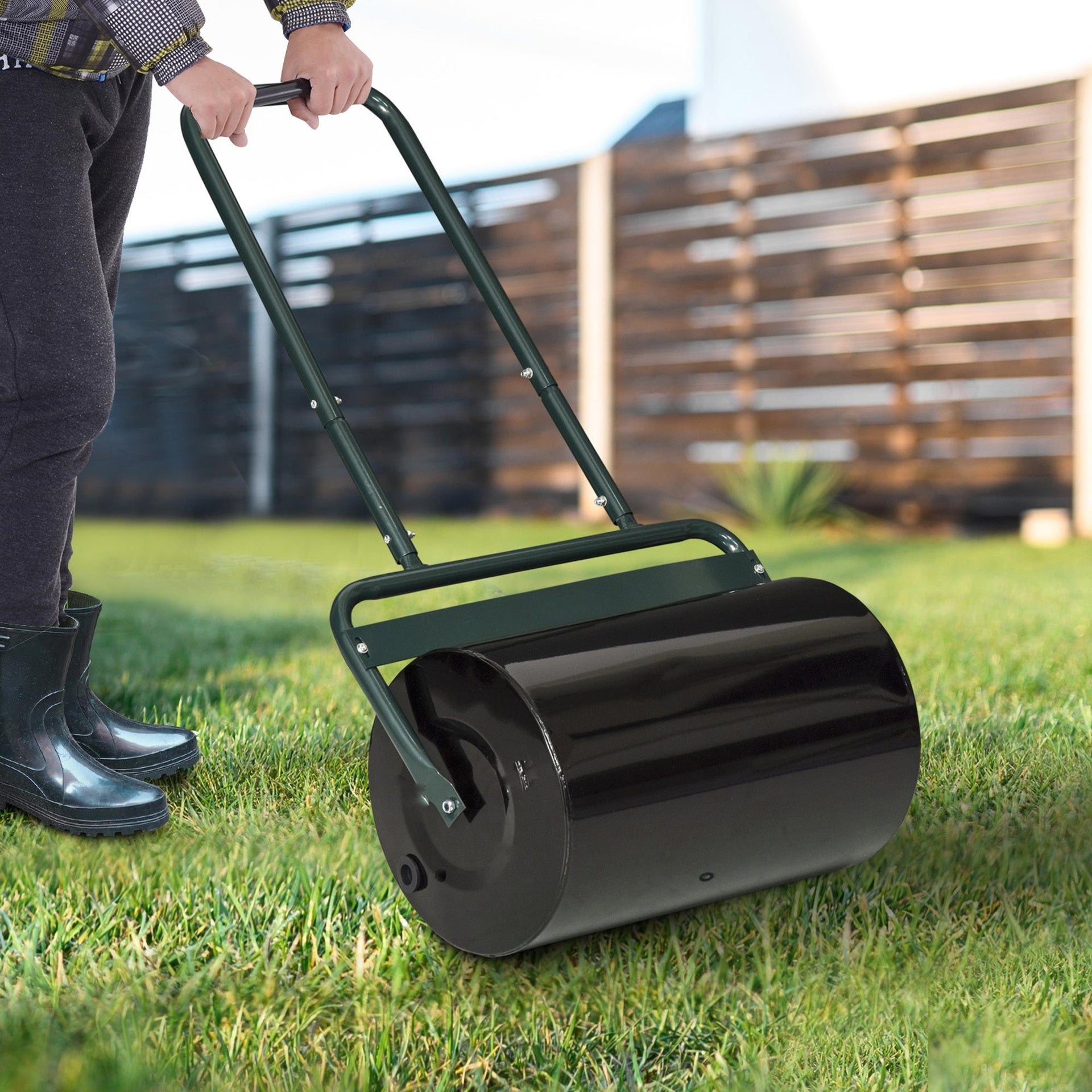 Outsunny 20-Inch Push/Tow Behind Lawn Roller Filled with 10 Gal Water or Sand for Flattening Sod in the Garden, Dark Green