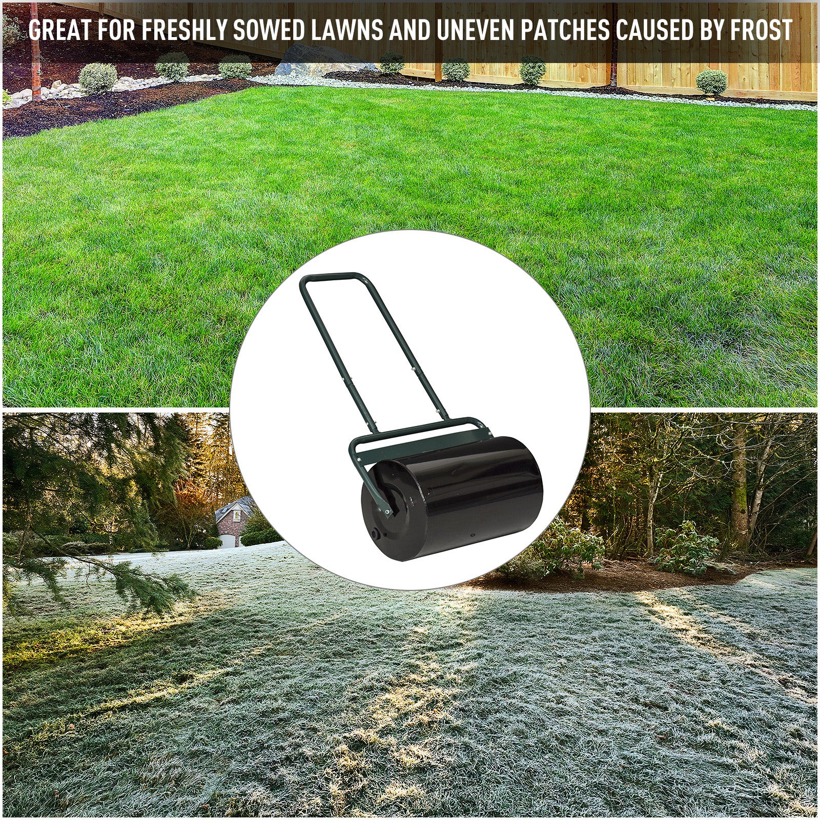 Outsunny 20-Inch Push/Tow Behind Lawn Roller Filled with 10 Gal Water or Sand for Flattening Sod in the Garden, Dark Green