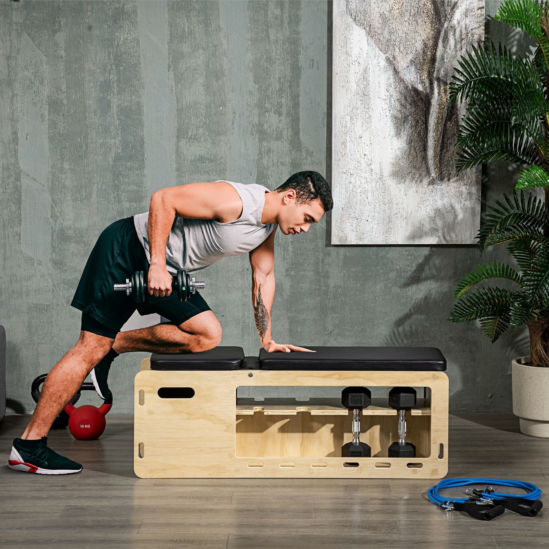 Soozier Wooden Workout Bench with Dumbbell Rack and Resistance Bands, Adjustable Incline Weight Bench for Home Gym