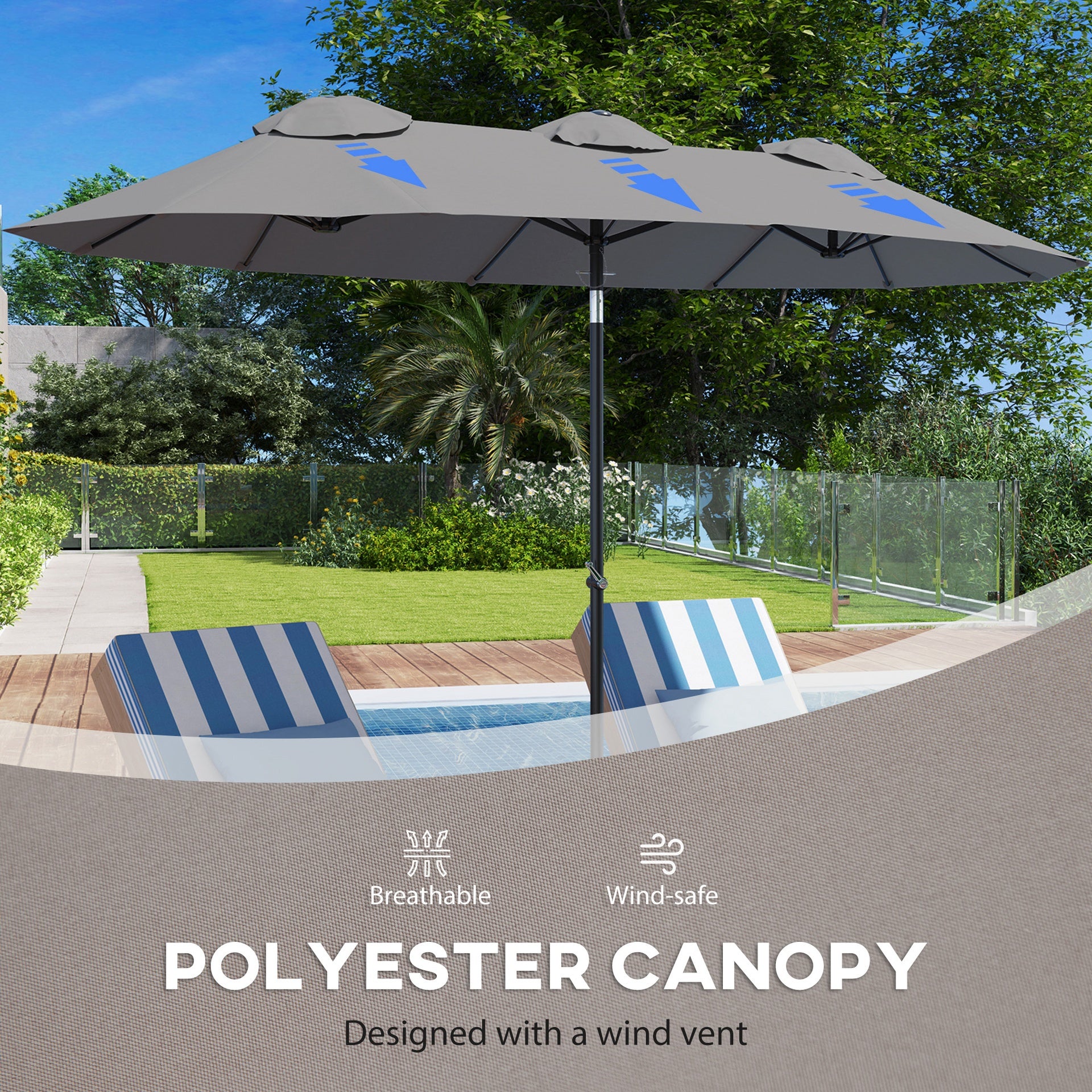Outsunny Double Sided Patio Umbrella, 9.7' Large Outdoor Market Umbrella with Push Button Tilt and Crank, 3 Air Vents and 12 Ribs, for Garden, Deck, Pool, Gray