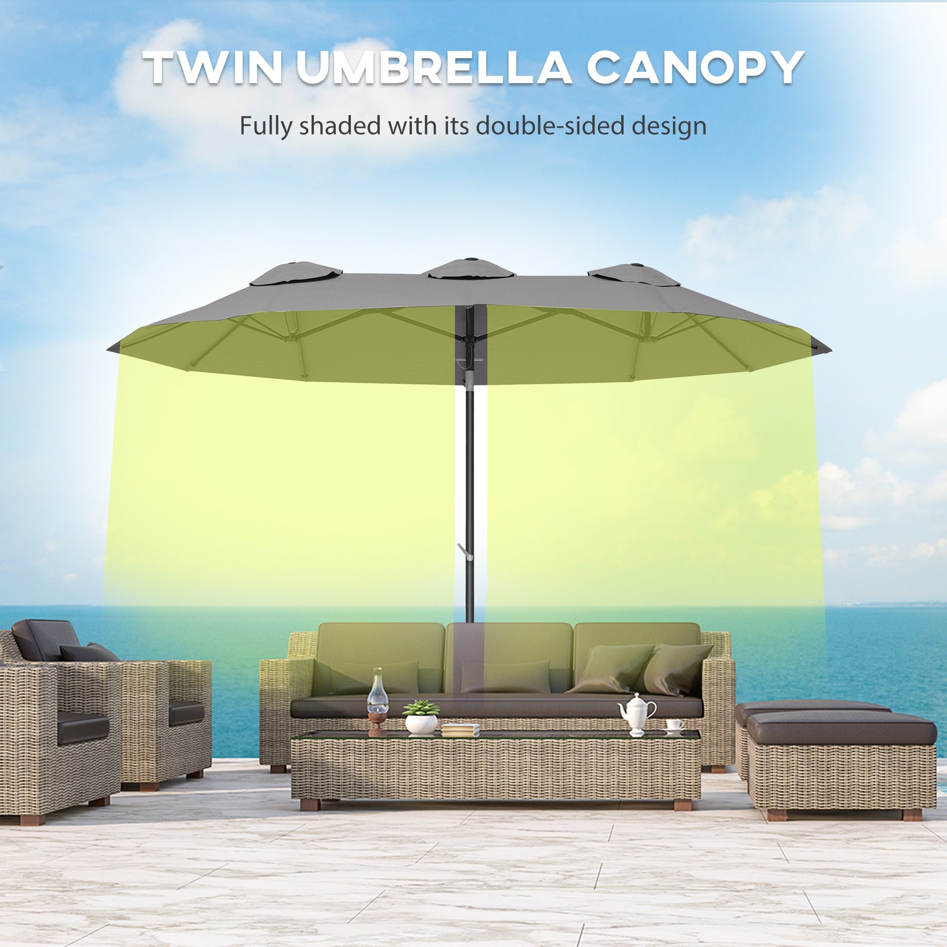 Outsunny Double Sided Patio Umbrella, 9.7' Large Outdoor Market Umbrella with Push Button Tilt and Crank, 3 Air Vents and 12 Ribs, for Garden, Deck, Pool, Gray