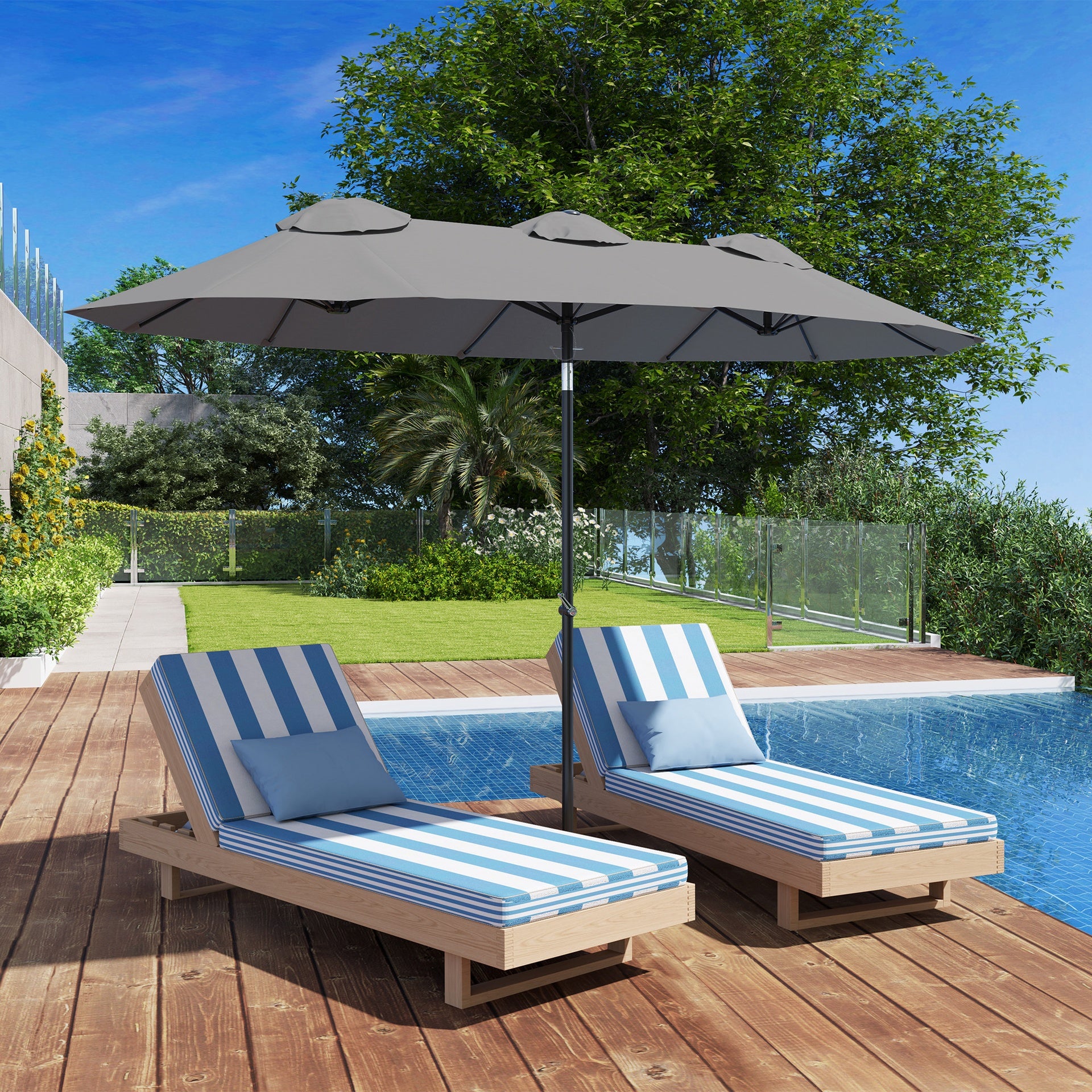 Outsunny Double Sided Patio Umbrella, 9.7' Large Outdoor Market Umbrella with Push Button Tilt and Crank, 3 Air Vents and 12 Ribs, for Garden, Deck, Pool, Gray
