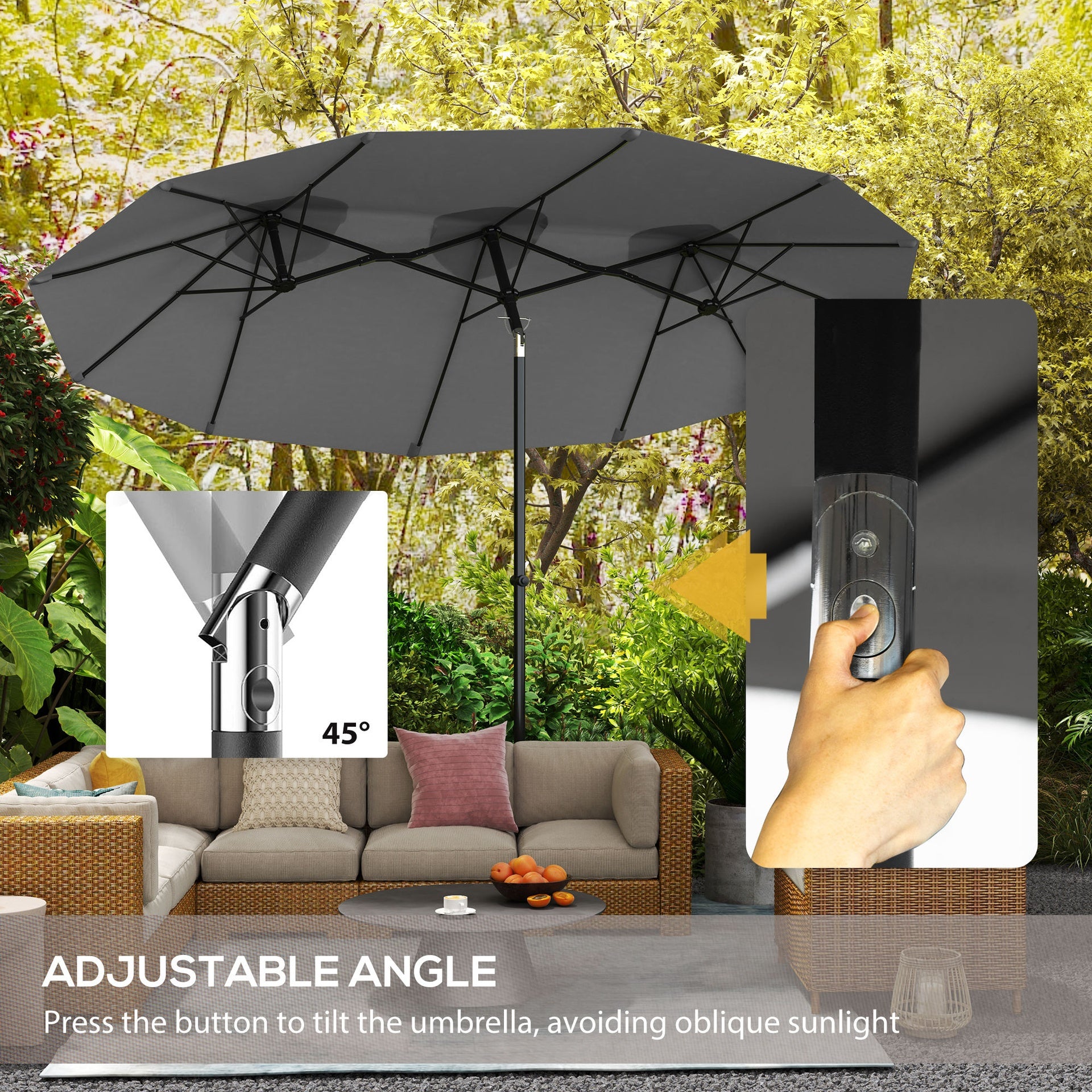 Outsunny Double Sided Patio Umbrella, 9.7' Large Outdoor Market Umbrella with Push Button Tilt and Crank, 3 Air Vents and 12 Ribs, for Garden, Deck, Pool, Gray