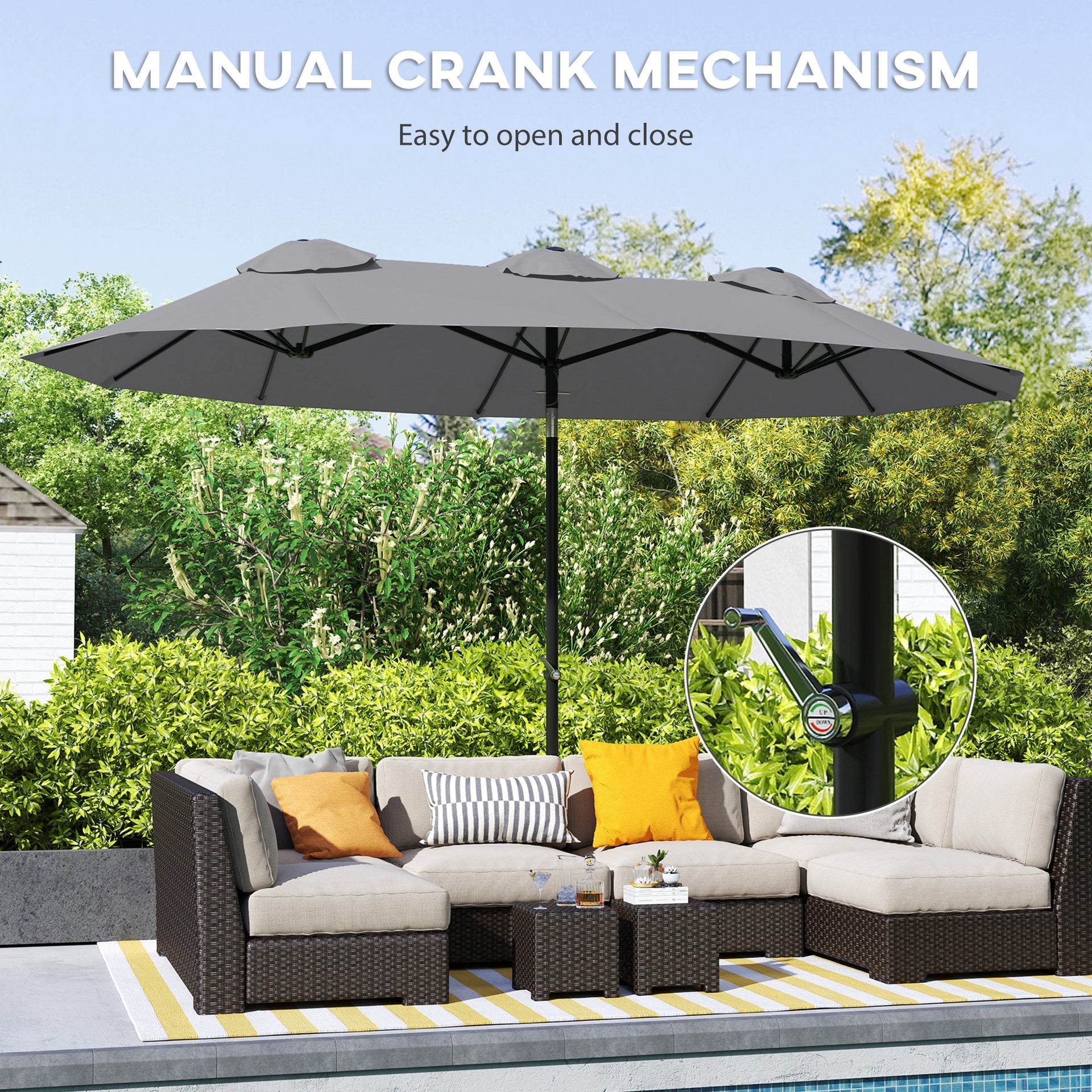 Outsunny Double Sided Patio Umbrella, 9.7' Large Outdoor Market Umbrella with Push Button Tilt and Crank, 3 Air Vents and 12 Ribs, for Garden, Deck, Pool, Gray