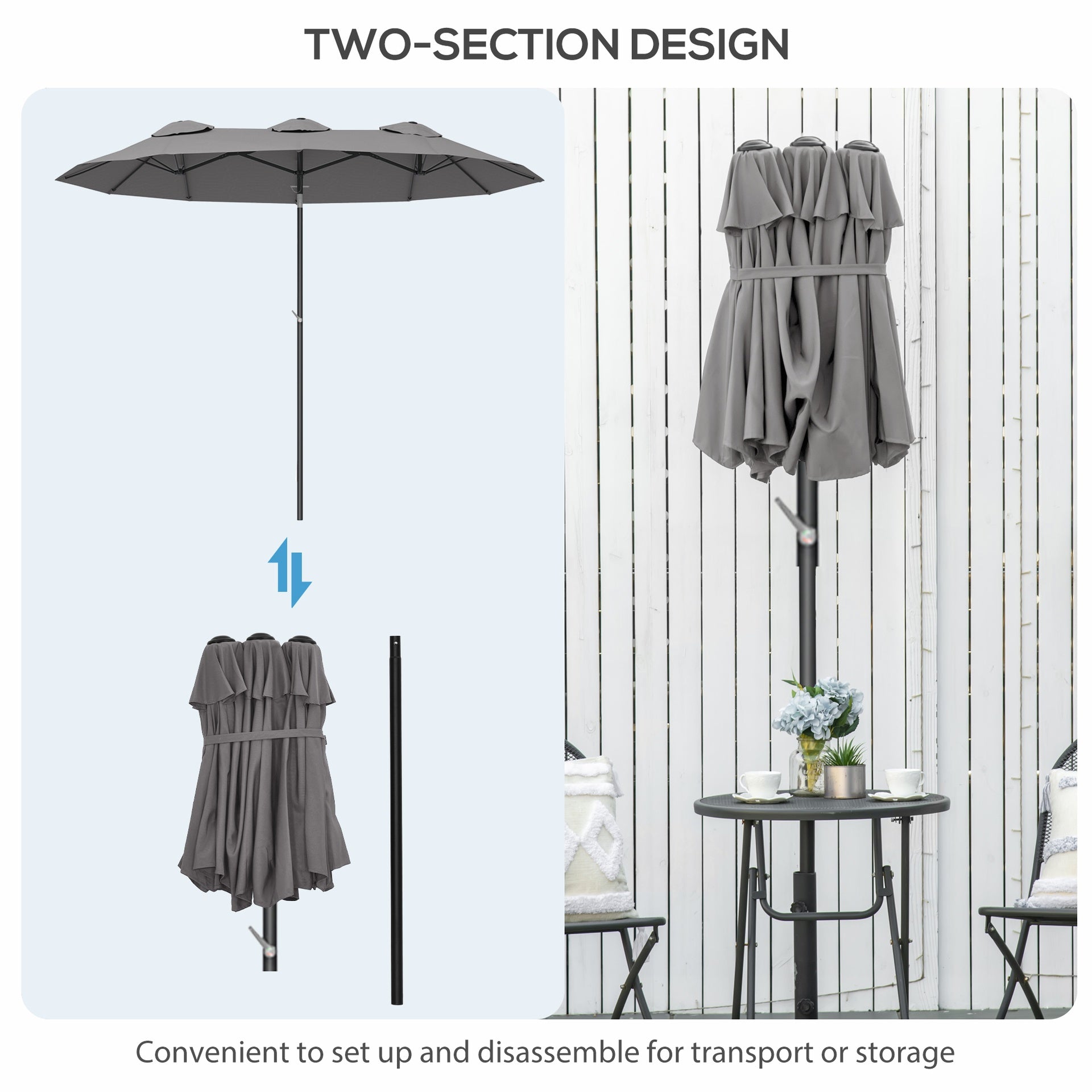 Outsunny Double Sided Patio Umbrella, 9.7' Large Outdoor Market Umbrella with Push Button Tilt and Crank, 3 Air Vents and 12 Ribs, for Garden, Deck, Pool, Gray