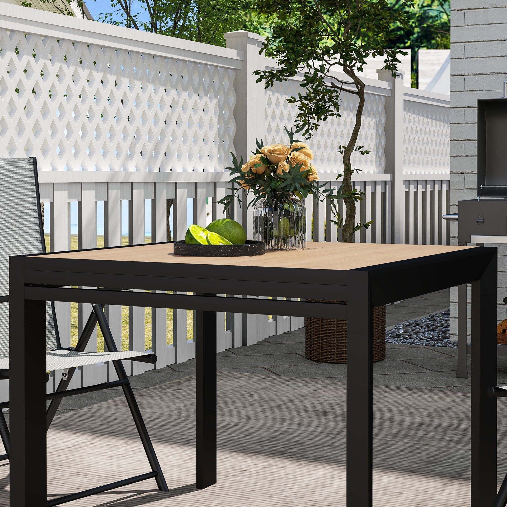 Outsunny 35.5"-71" Expandable Outdoor Dining Table for 4-6 People, Aluminum Patio Table with Slatted Wood Grain Top, Natural