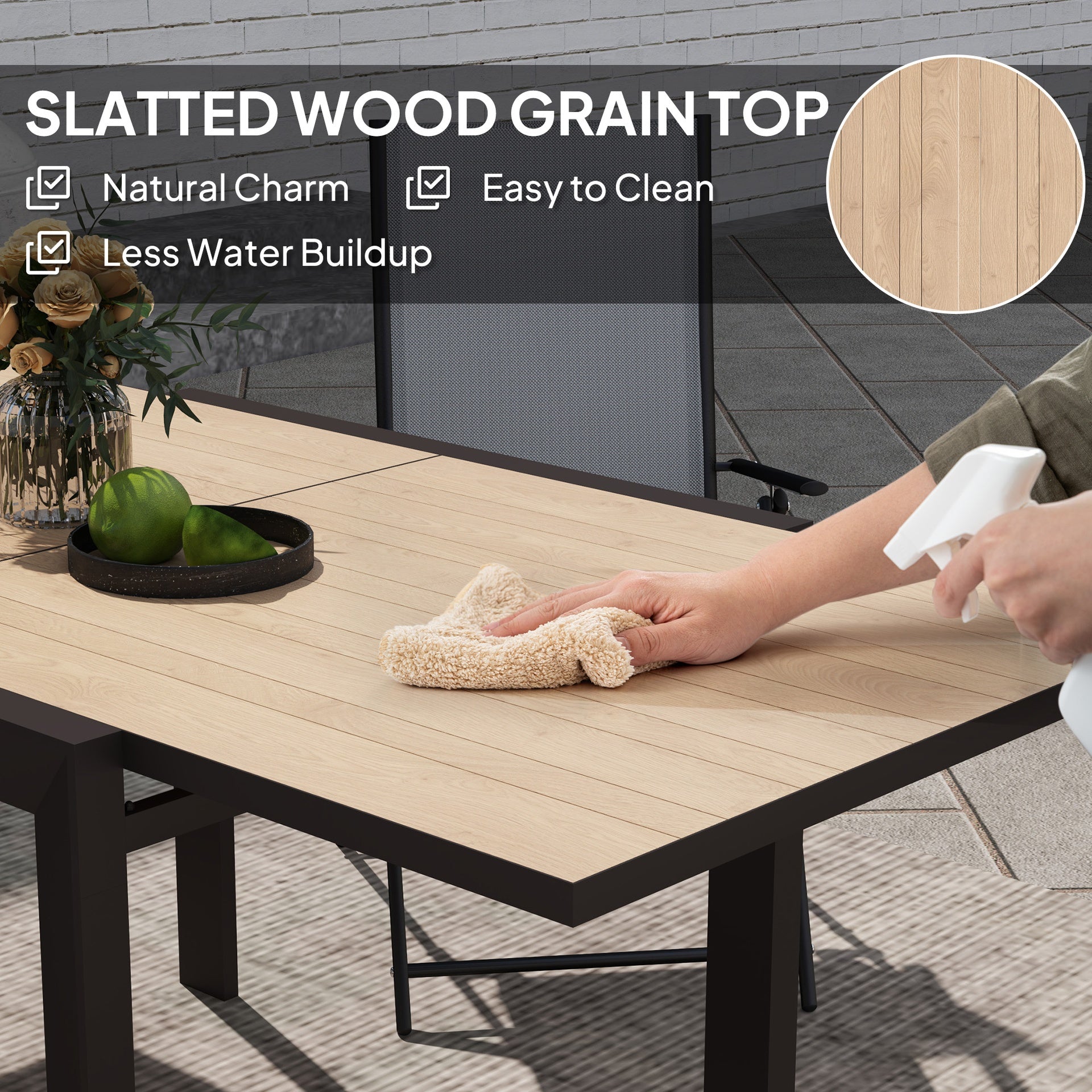 Outsunny 35.5"-71" Expandable Outdoor Dining Table for 4-6 People, Aluminum Patio Table with Slatted Wood Grain Top, Natural
