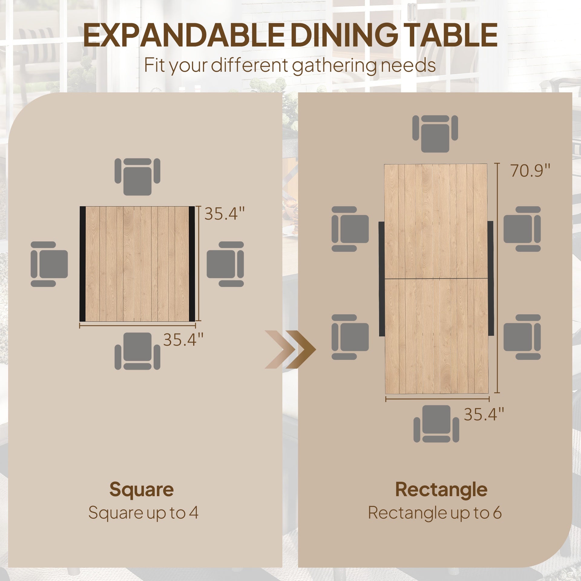 Outsunny 35.5"-71" Expandable Outdoor Dining Table for 4-6 People, Aluminum Patio Table with Slatted Wood Grain Top, Natural