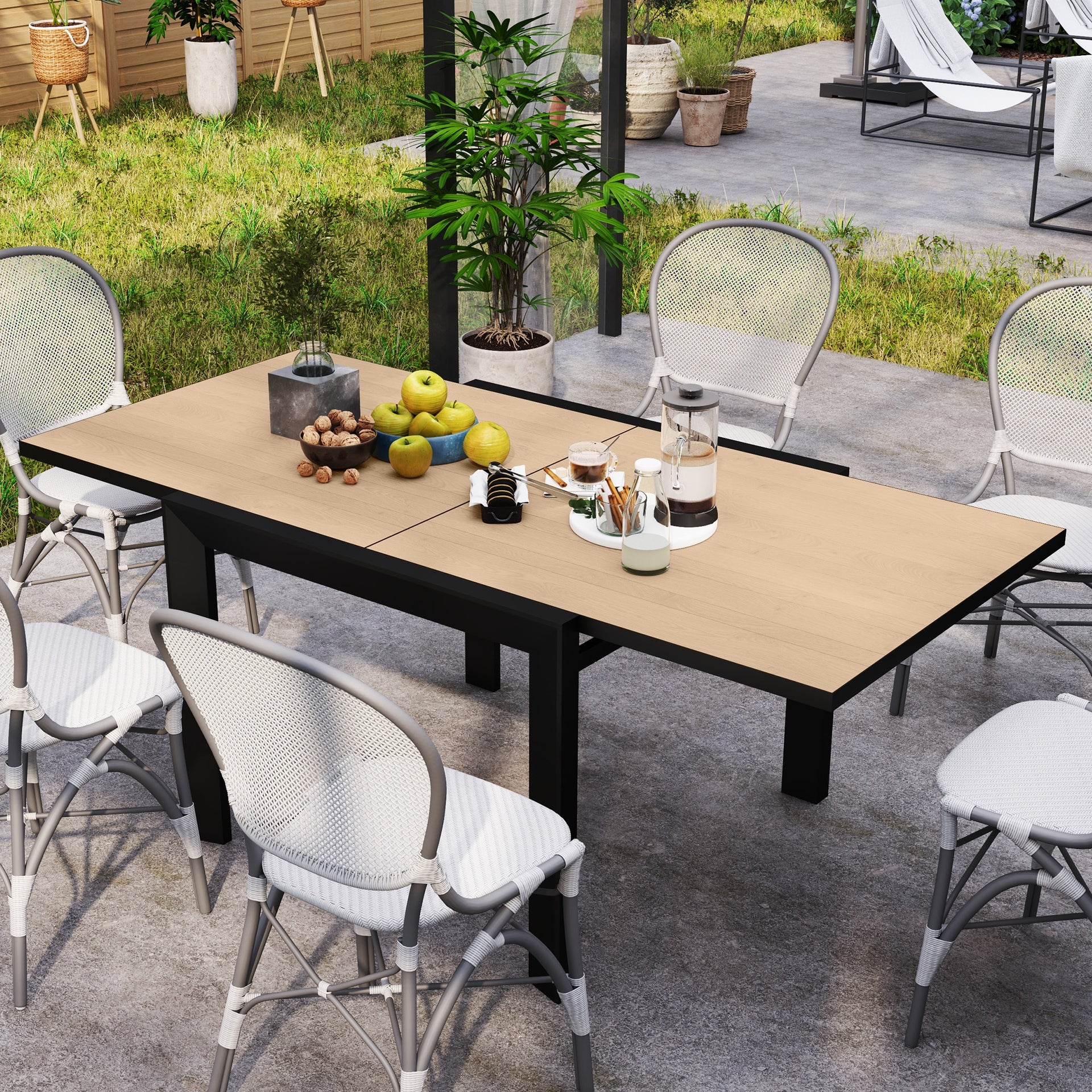 Outsunny 35.5"-71" Expandable Outdoor Dining Table for 4-6 People, Aluminum Patio Table with Slatted Wood Grain Top, Natural