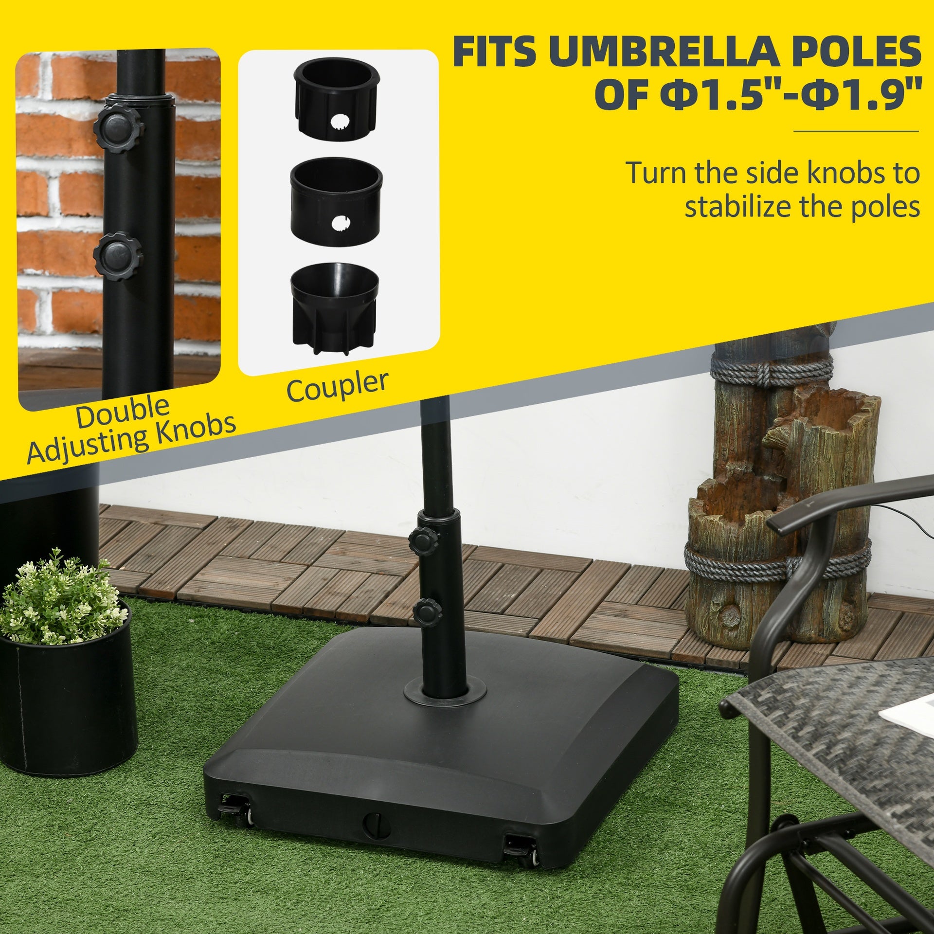 Outsunny Patio Umbrella Base with Wheels, 53lbs Water or 66lbs Sand Filled, Heavy Duty Outdoor Umbrella Stand Holder, Black