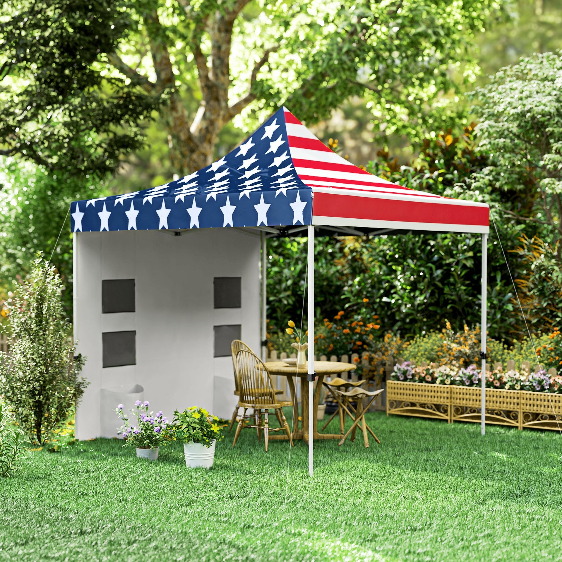 Outsunny 10' x 10' Heavy Duty Pop Up Canopy Tent with Sidewall, UPF50+ Instant Sun Shelter with Storage Pockets, American Flag