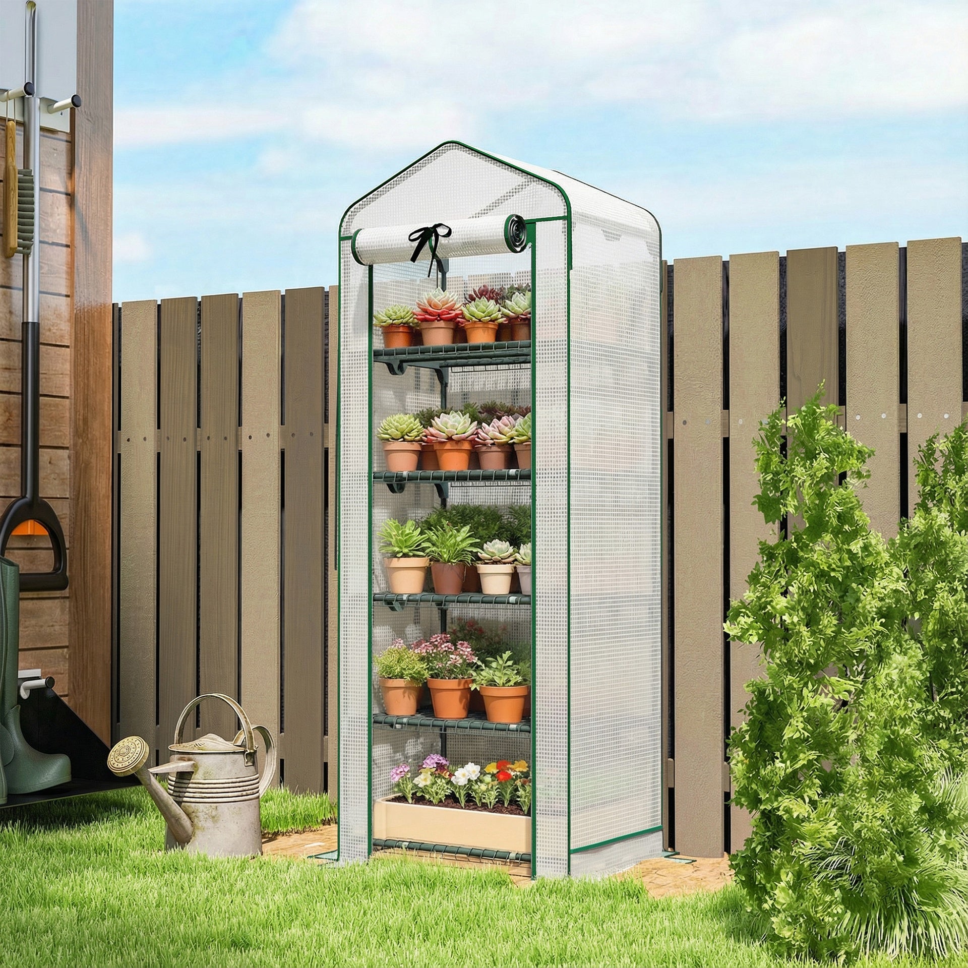Outsunny Mini Greenhouse with Screen Roof, 5 Tier Portable Small Greenhouse with High Strength PE Cover, White