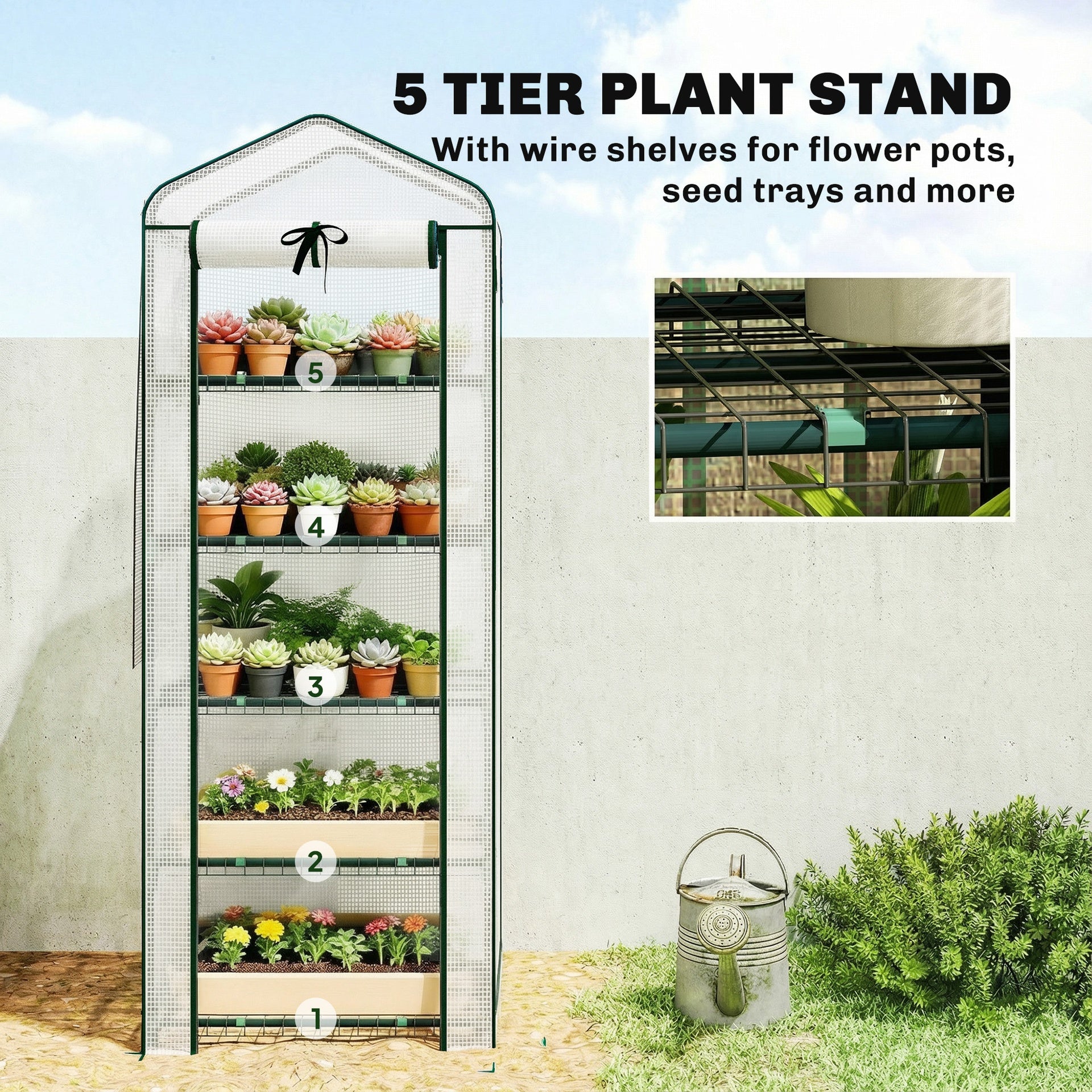 Outsunny Mini Greenhouse with Screen Roof, 5 Tier Portable Small Greenhouse with High Strength PE Cover, White