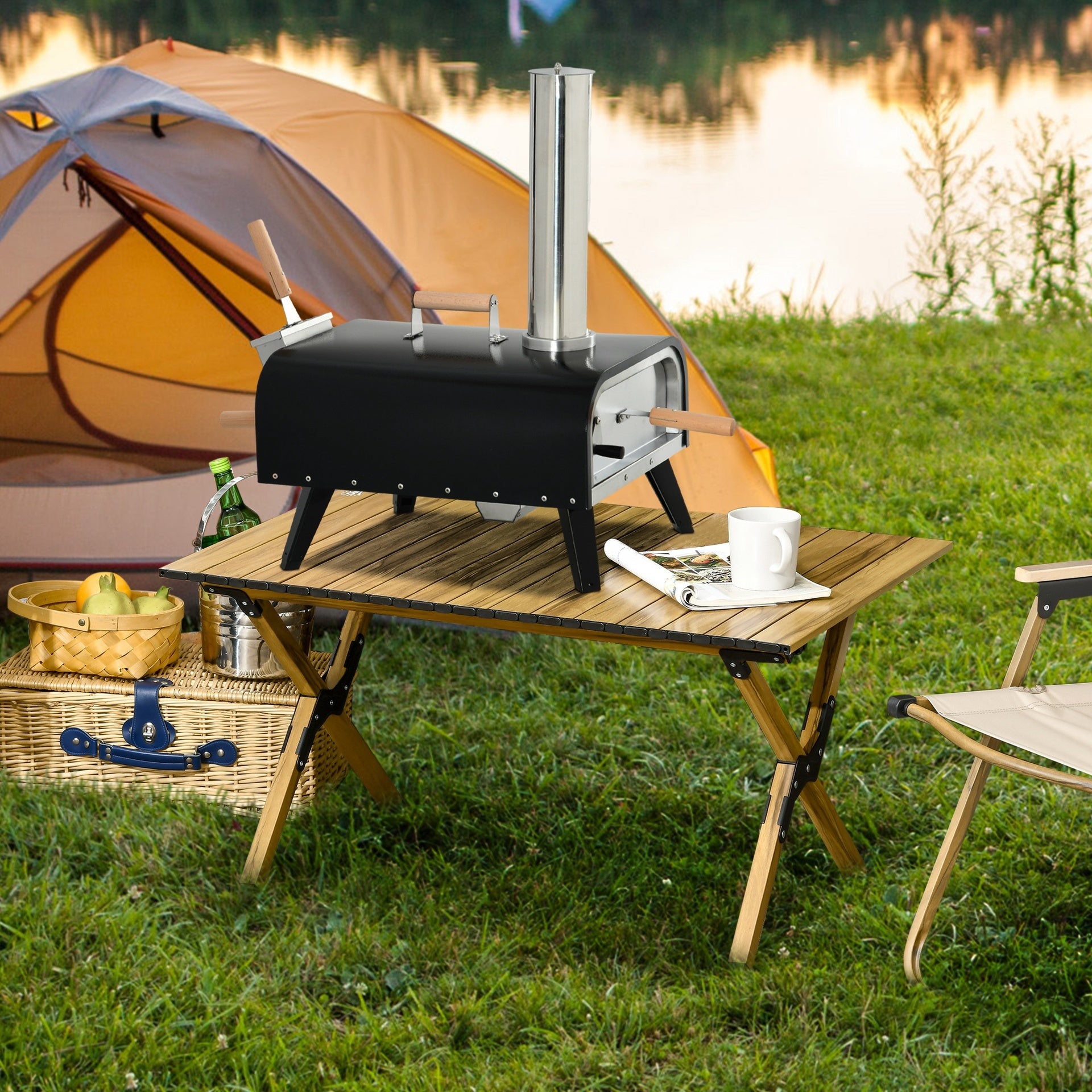 Outsunny Pellet Wood Fired Pizza Oven, Outdoor Pizza Maker with 12" Rotating Stone, Peel and Waterproof Cover