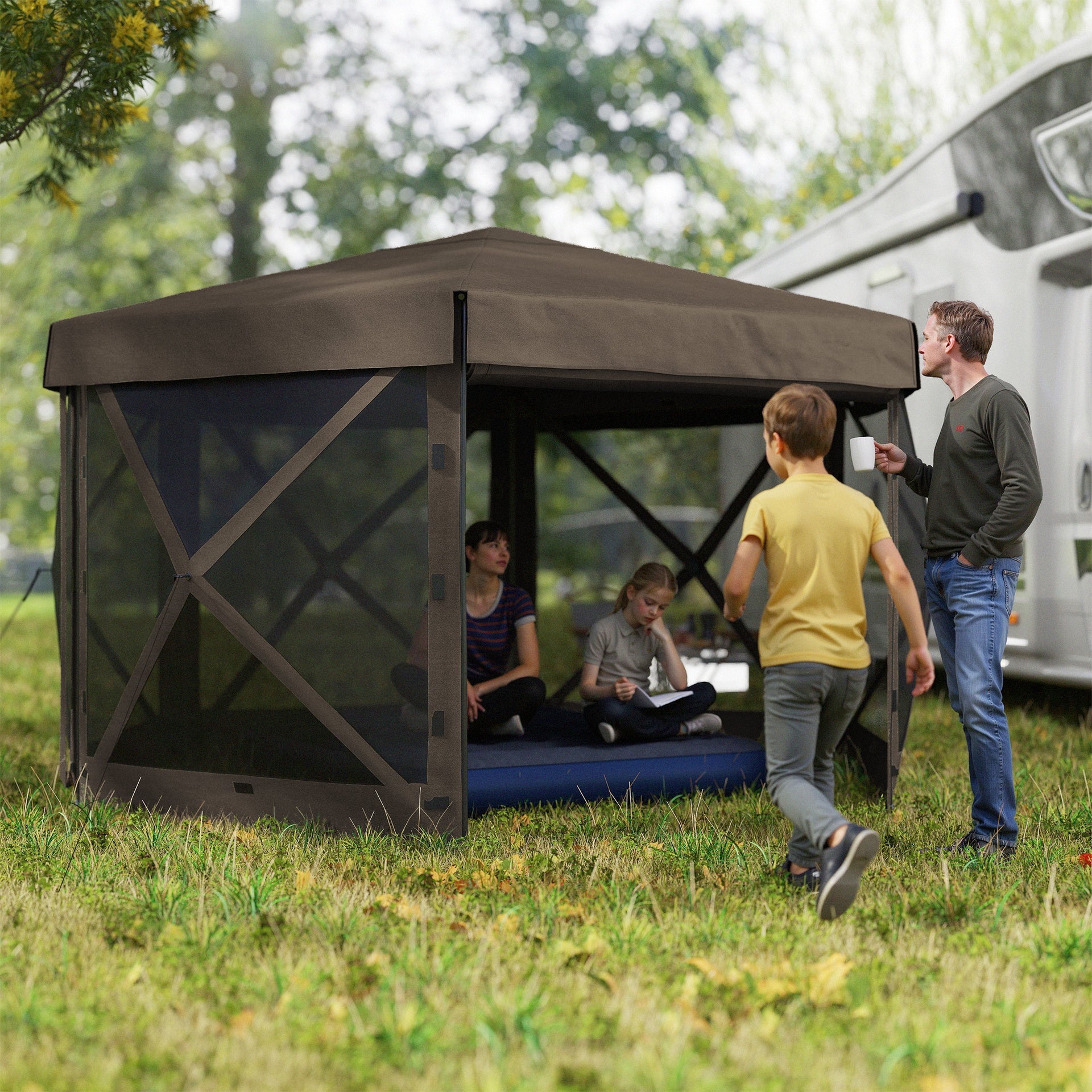 Outsunny 12' x 12' Hexagonal Pop Up Gazebo Canopy Tent with 5 Sidewalls, Outdoor Canopy Shelter with Carry Bag, Brown