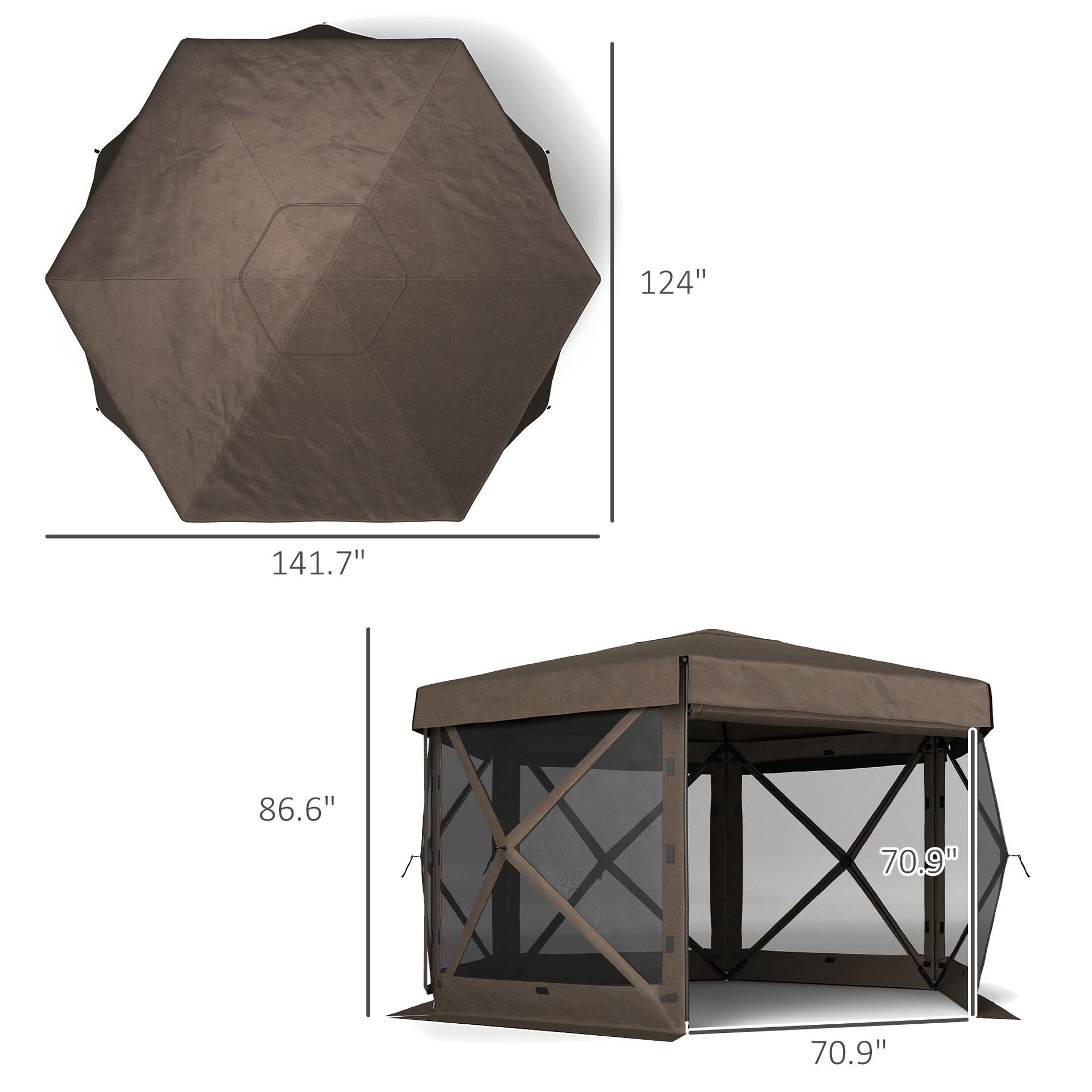 Outsunny 12' x 12' Hexagonal Pop Up Gazebo Canopy Tent with 5 Sidewalls, Outdoor Canopy Shelter with Carry Bag, Brown