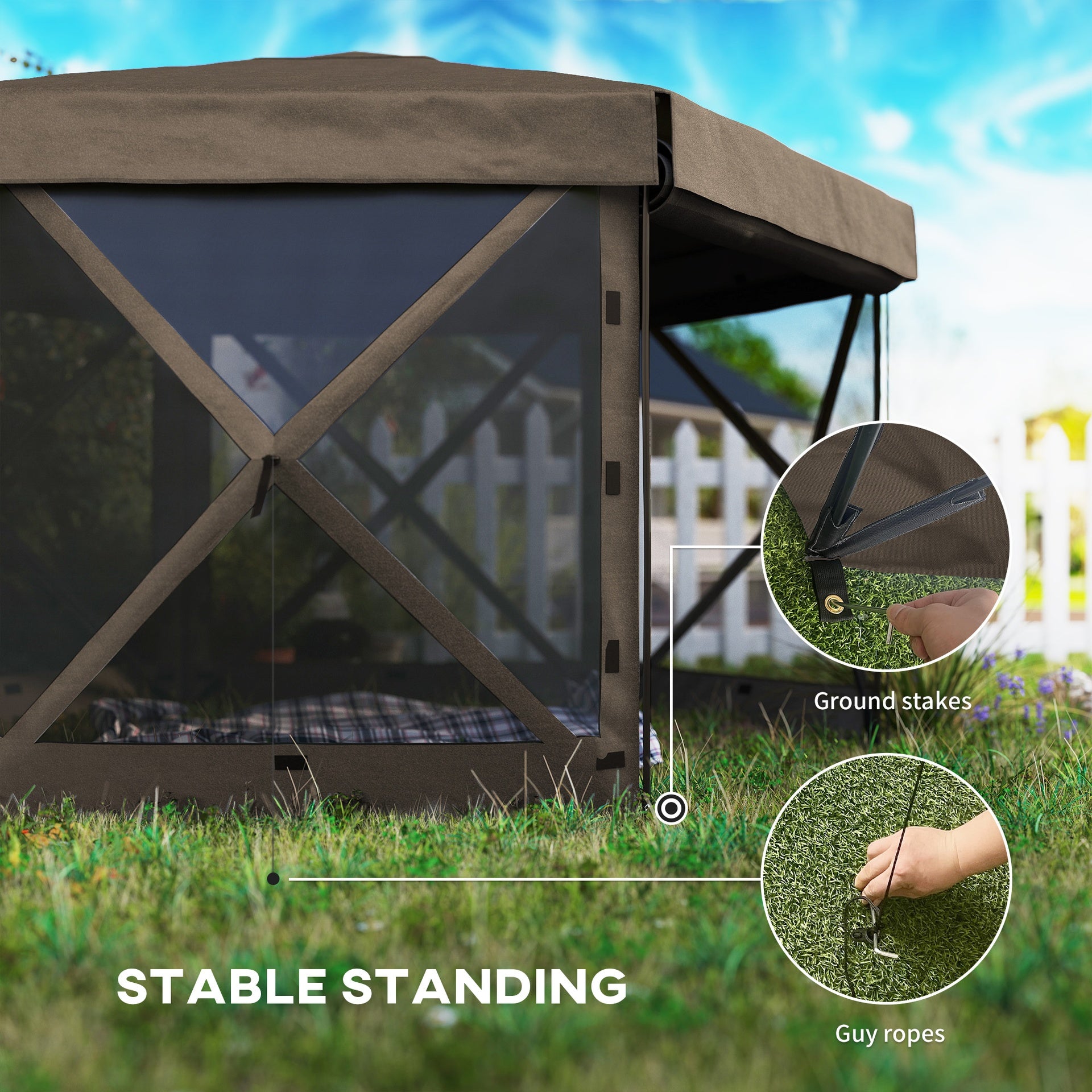 Outsunny 12' x 12' Hexagonal Pop Up Gazebo Canopy Tent with 5 Sidewalls, Outdoor Canopy Shelter with Carry Bag, Brown