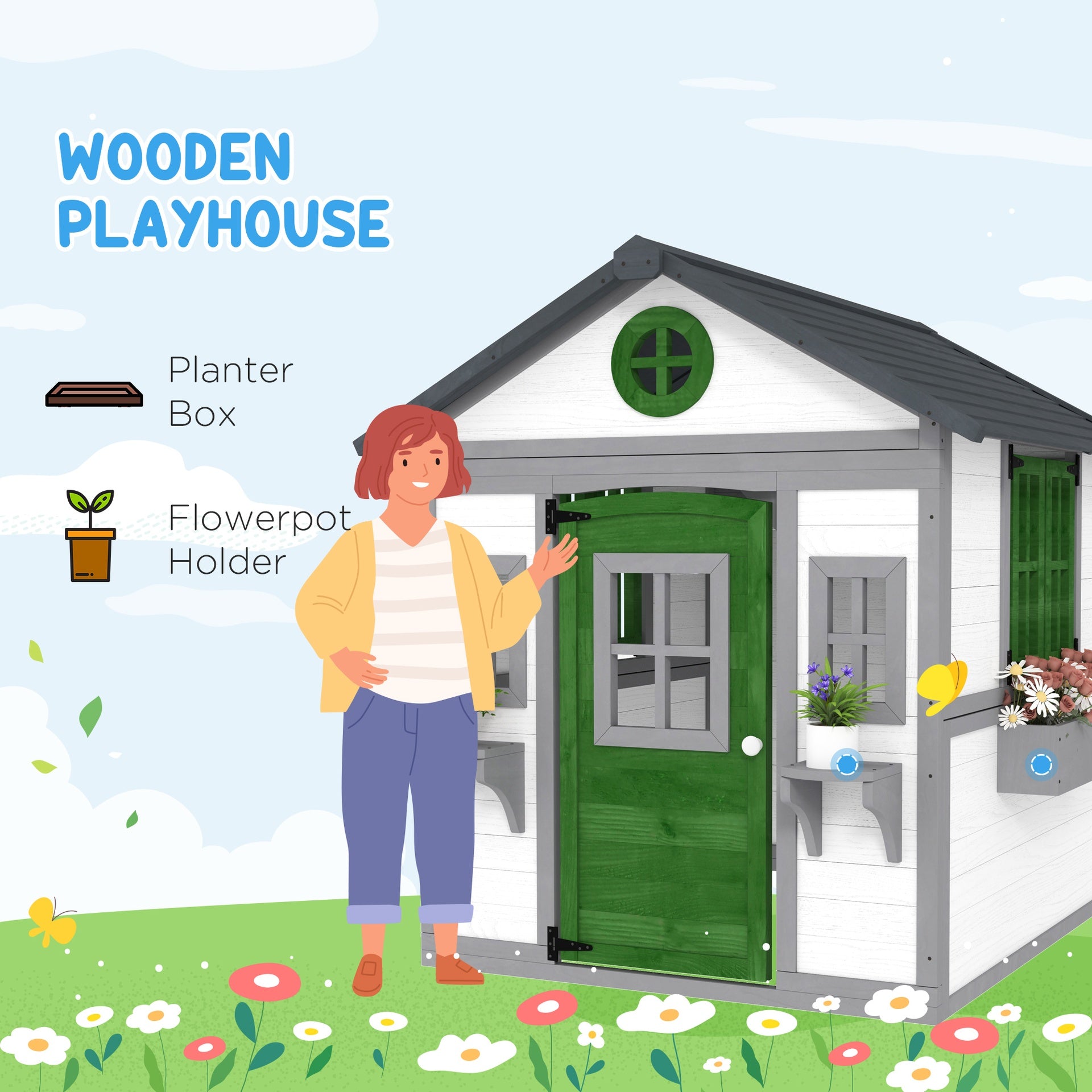 Outsunny Wooden Playhouse for Kids Outdoor with Doors, Windows, Planter Pots and Boxes for Toddlers 3-8 Years, White