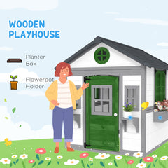 Outsunny Wooden Playhouse for Kids Outdoor with Doors, Windows, Planter Pots and Boxes for Toddlers 3-8 Years, White