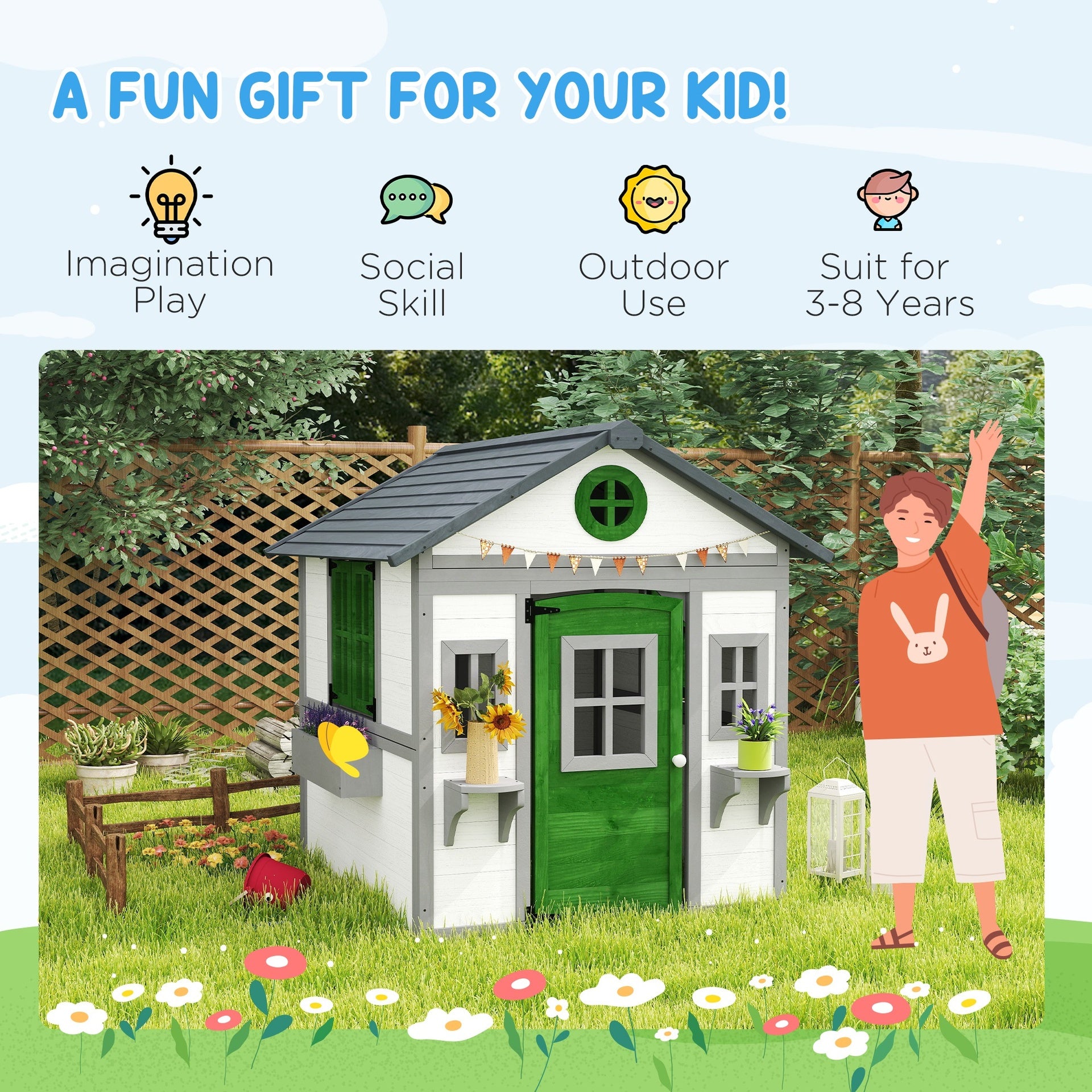 Outsunny Wooden Playhouse for Kids Outdoor with Doors, Windows, Planter Pots and Boxes for Toddlers 3-8 Years, White