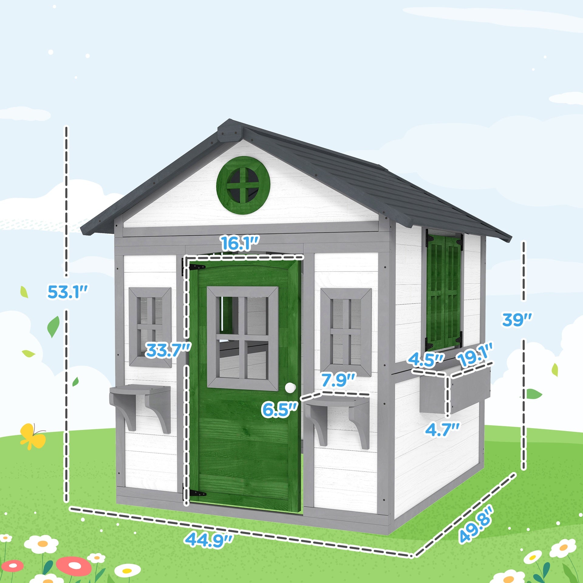 Outsunny Wooden Playhouse for Kids Outdoor with Doors, Windows, Planter Pots and Boxes for Toddlers 3-8 Years, White