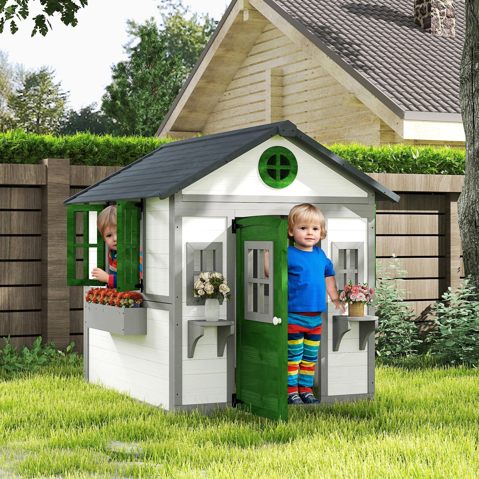 Outsunny Wooden Playhouse for Kids Outdoor with Doors, Windows, Planter Pots and Boxes for Toddlers 3-8 Years, White