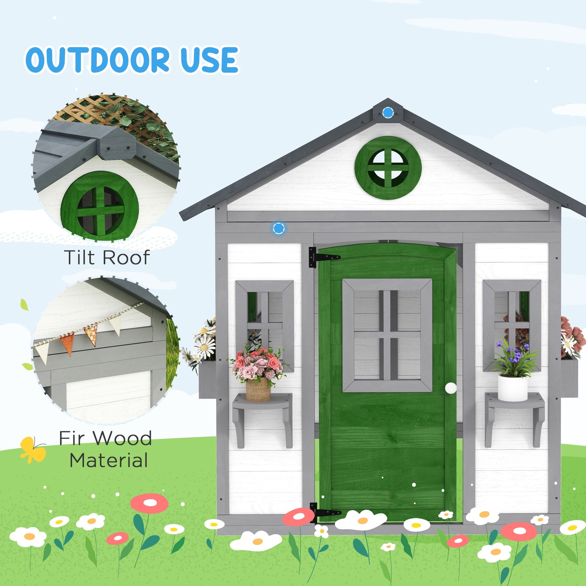Outsunny Wooden Playhouse for Kids Outdoor with Doors, Windows, Planter Pots and Boxes for Toddlers 3-8 Years, White